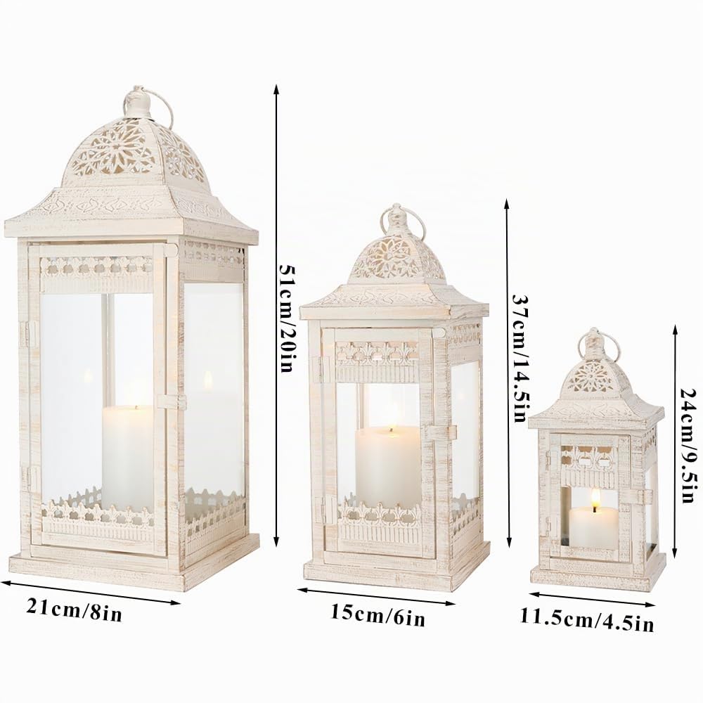 JHY DESIGN Set di 3 lanterne per candele 51&37&24cm in metallo, lanterna decorativa a sospensione, portacandele in vetro, lanterna da giardino per candele, per interni ed esterni, per feste, matrimoni