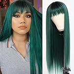 QD-Tizer Dark Green Hair Long Straight Synthetic Hair Wigs with Bangs Ombre Green Color Dark Roots Colorful Hair Replacement Wigs Cosplay Party Wig