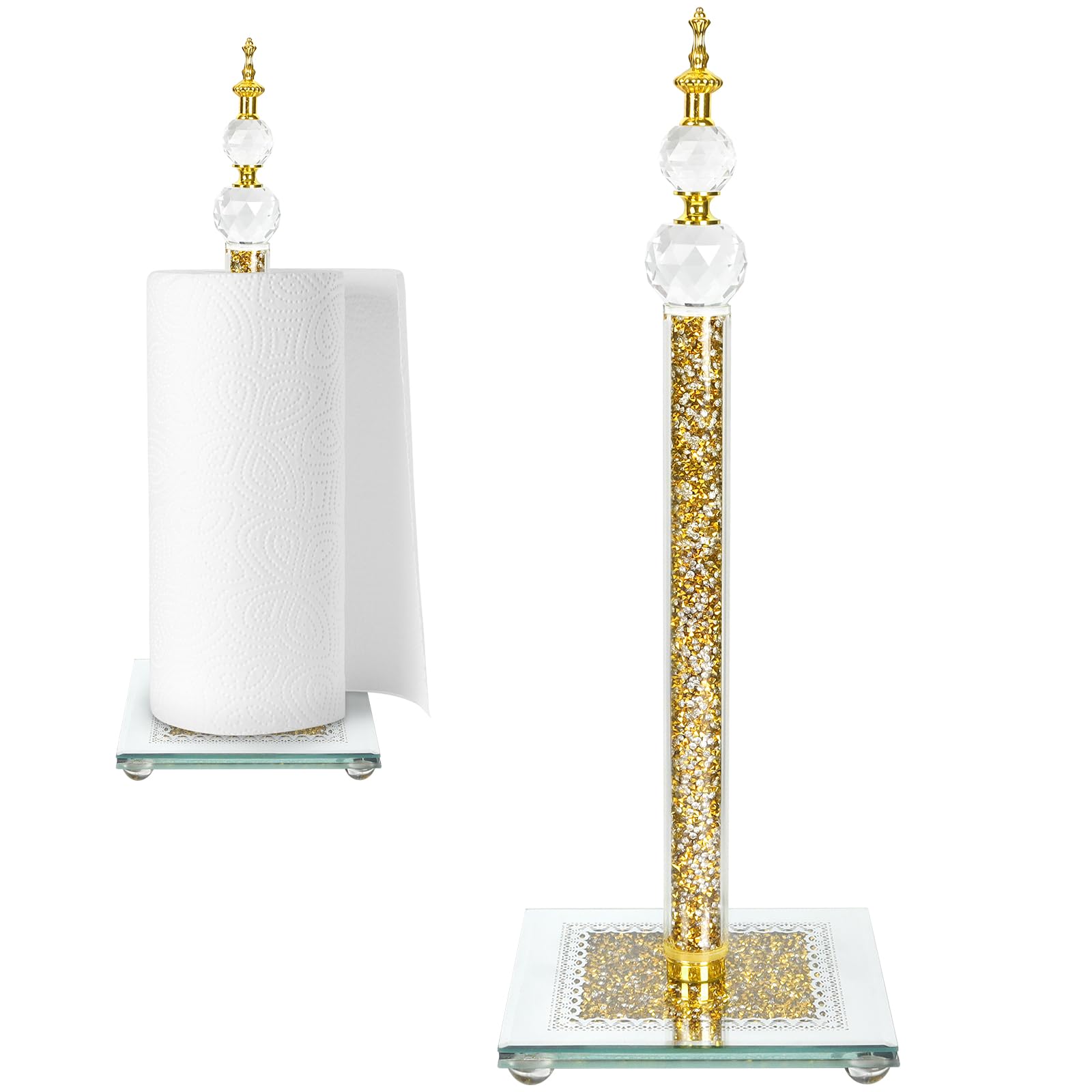 Paper Towel Holder Stand, Countertop Paper Towel Roll Dispenser Holders with Cube Base, Tissue Countertop Filled with Sparkly Crystal Crushed Diamond House Decor for Kitchen Bathroom