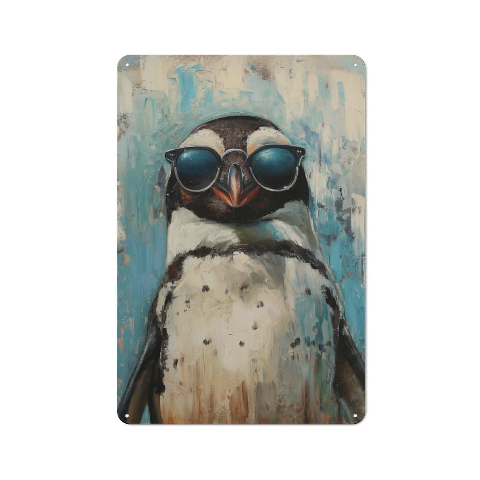 Junmoney Cool Penguin Sunglasses Rustic Tin Sign 30X20cm Featuring For Bar Or Restaurant, Seasonal Metal Wall Decor For Autumn Interiors