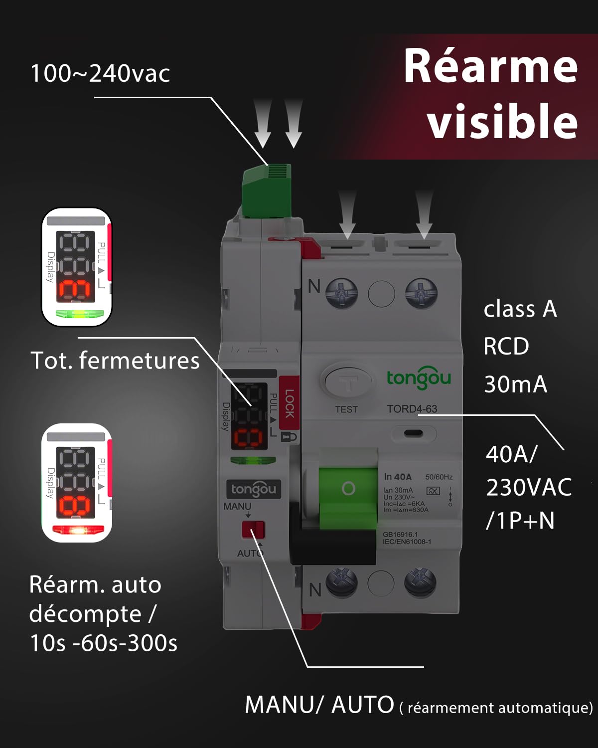TONGOU Disjoncteur Différentiel a Réarmement Automatique 30mA Type A, 2 Pôles 40A Interrupteur Différentiel