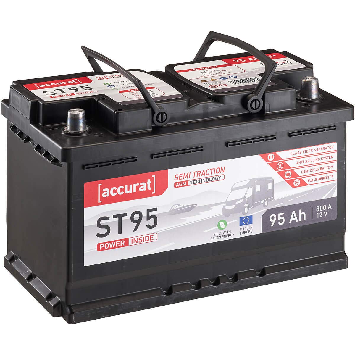 Accurat Semi Traction ST95 AGM Batterie - 12V, 95Ah, zyklenfest, bis 30% mehr Kapazität - VRLA Versorgungsbatterie, Bootsbatterie, Solarbatterie, Aufbaubatterie für Wohnwagen, Wohnmobil, Camper