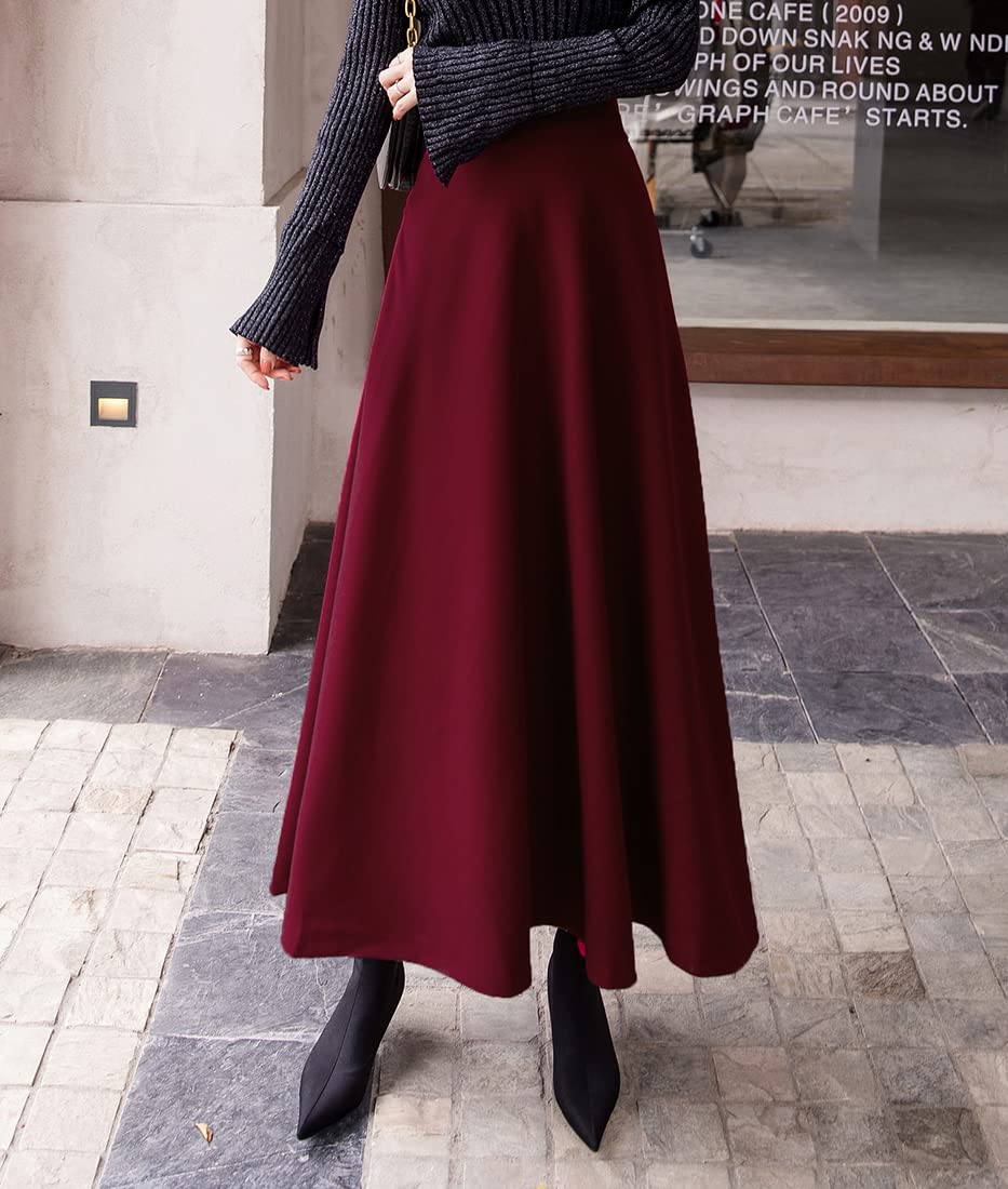 Damen Lange Rock Elegant Hohe Taille Winterrock Wollrock A-Linie Maxirock Faltenrock Retro Röcke 1955 Weinrot -XL