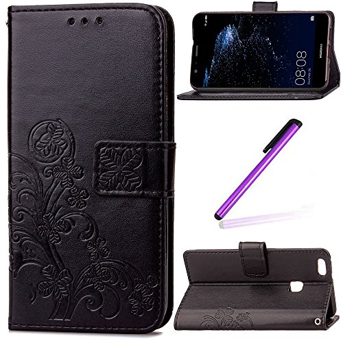 EMAXELERS Funda Huawei P10 Lite Premium PU Cuero Cartera para Tarjetas y Cierre Magnetico Soporte Plegable Funda Protectora para Huawei P10 Lite Black Clover