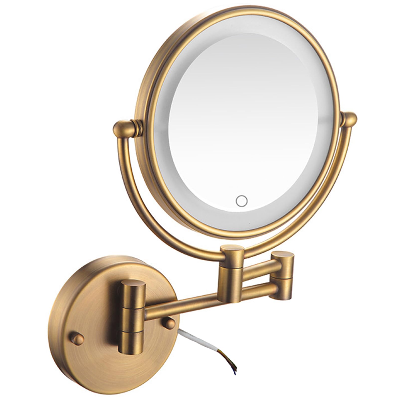 SXFSDOU Wall Mounted Dimmable Lighted Makeup Mirror, Hardwired Double Sided LED Vanity 360 Swivel Extendable Magnifying Bathroom Cosmetic Mirror,Brass,7X