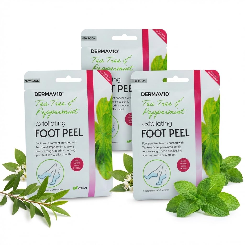 Derma V10 Exfoliating Foot Peel Mask Pack of 3 - Callus Remover for Feet, Dead Skin Remover, Cracked Heel Treatment with Tea Tree & Peppermint - Foot Peeling Mask for Soft Smooth Feet