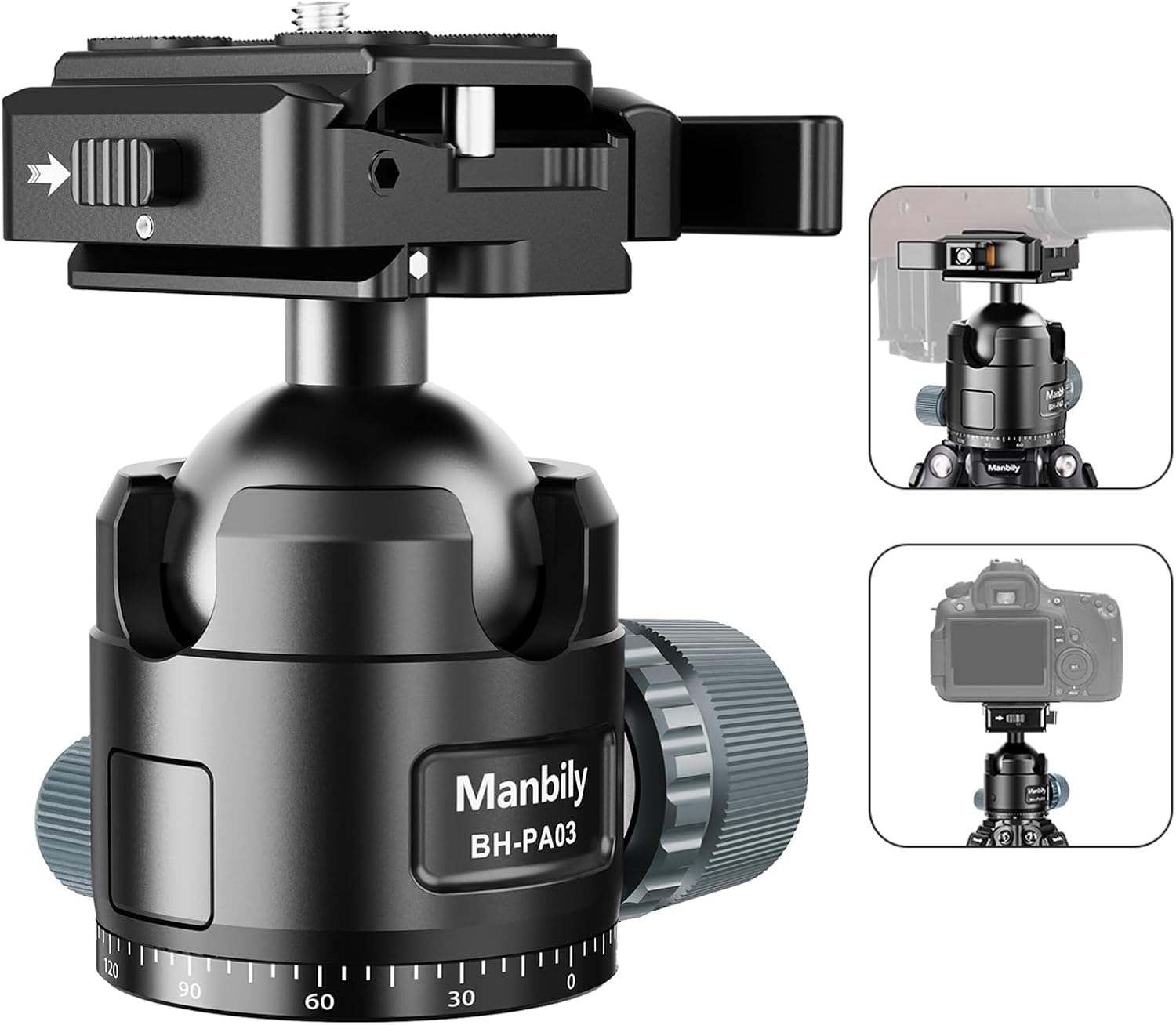 Manbily Low Profile Ball Head, 44mm Tripod Head with Picatinny to Arca-Swiss Adapter and 1/4" Quick Release Plate, CNC Aluminum 360° Head for Hunting Shooting Tripod DSLR Camera, Max Load 44lbs/20kg