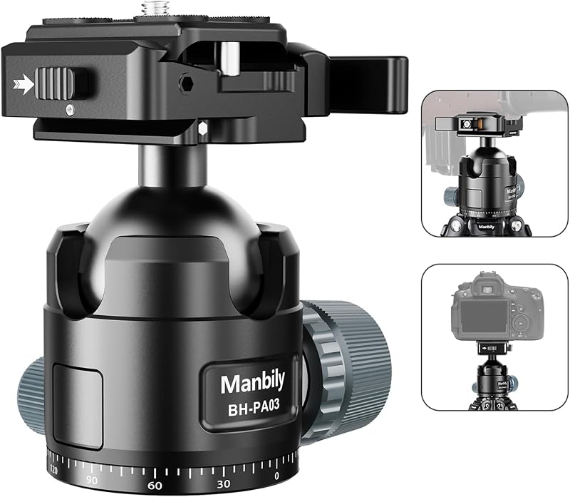 Low Profile Ball Head, 44mm Tripod Head with Picatinny to Arca-Swiss Adapter and 1/4" Quick Release Plate, CNC Aluminum 360° Head for Hunting Shooting Tripod DSLR Camera, Max Load 44lbs/20kg