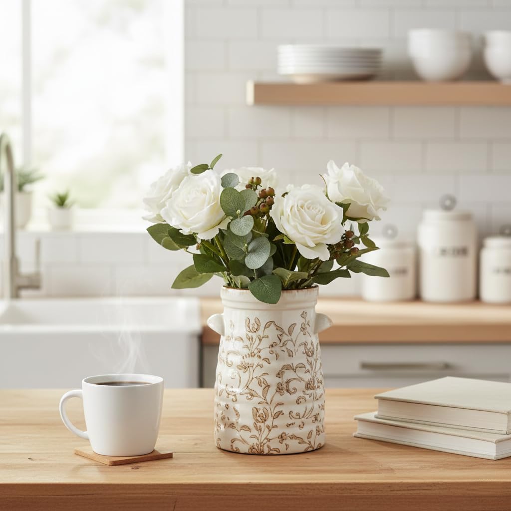 SIDUCAL Ceramic Rustic Vase with 2-Ear, 7.6 Inch Ice Cracked Vintage Pastoral Vase, Rustic Farmhouse Vases for Home Decor, Table, Living Room, Shelf Decor, Chinoiserie Decor, Brown Floral Pattern
