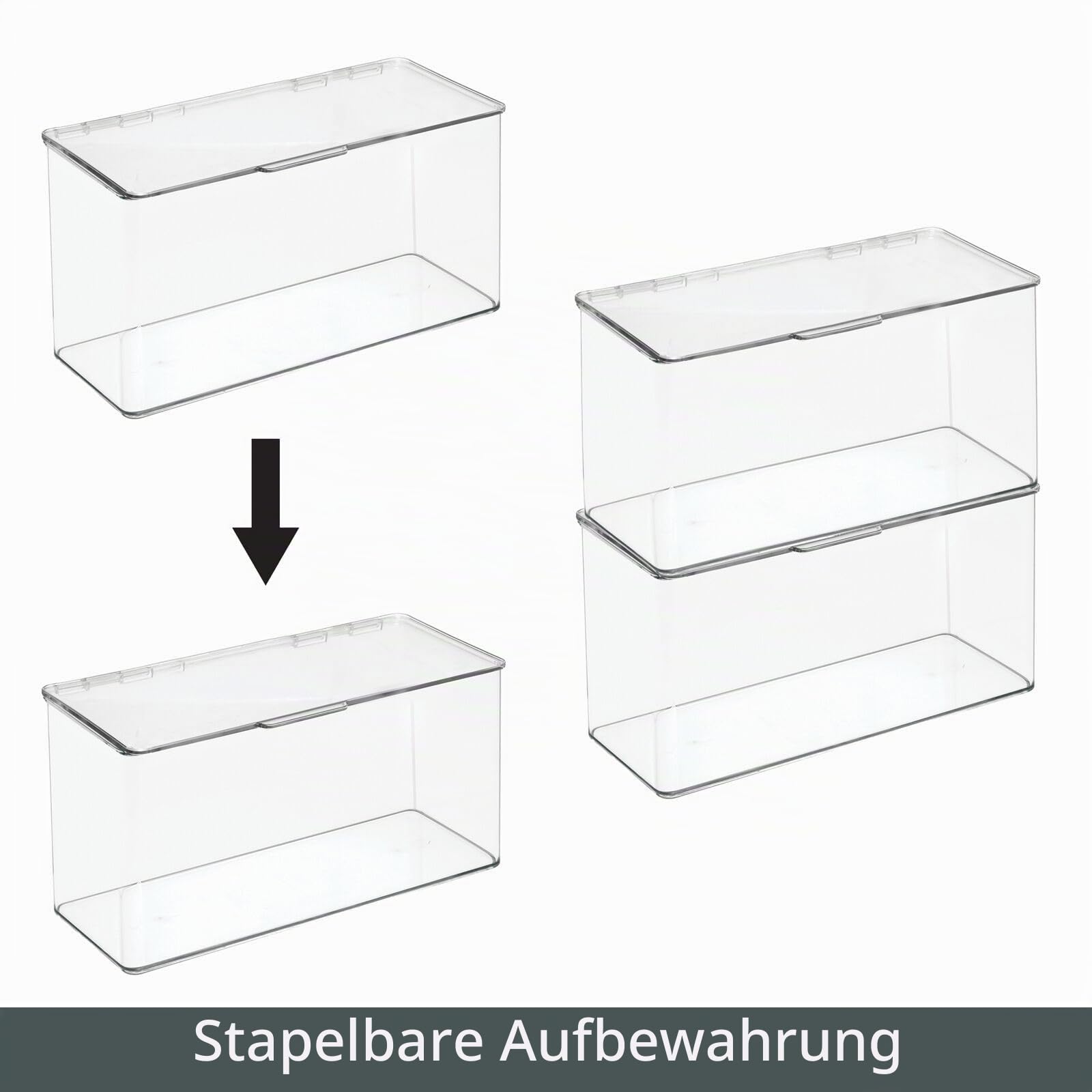 mDesign Küchen Organizer mit Deckel – Vorratsdose für Küche & Kühlschrank – stapelbarer Kühlschrank Organizer aus BPA-freiem Kunststoff für Nudeln, Obst & Co. – 4er-Set – durchsichtig