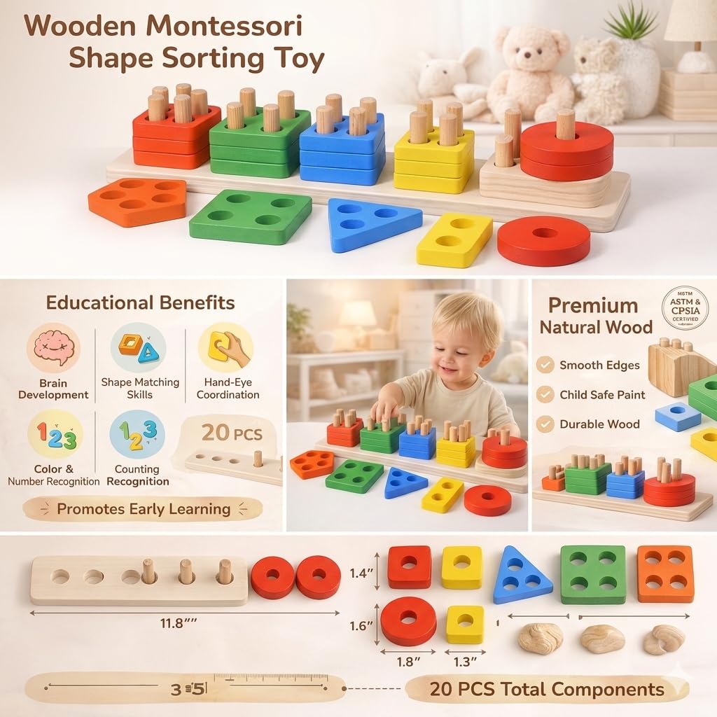 Smoneo Wooden 20 Pc - 5 Shape Sorting & Stacking Sorter Toys Early Educational Geometric Blocks Puzzles for 1-3 Years Old Age Kids Boys and Girls (20 pieces) 2