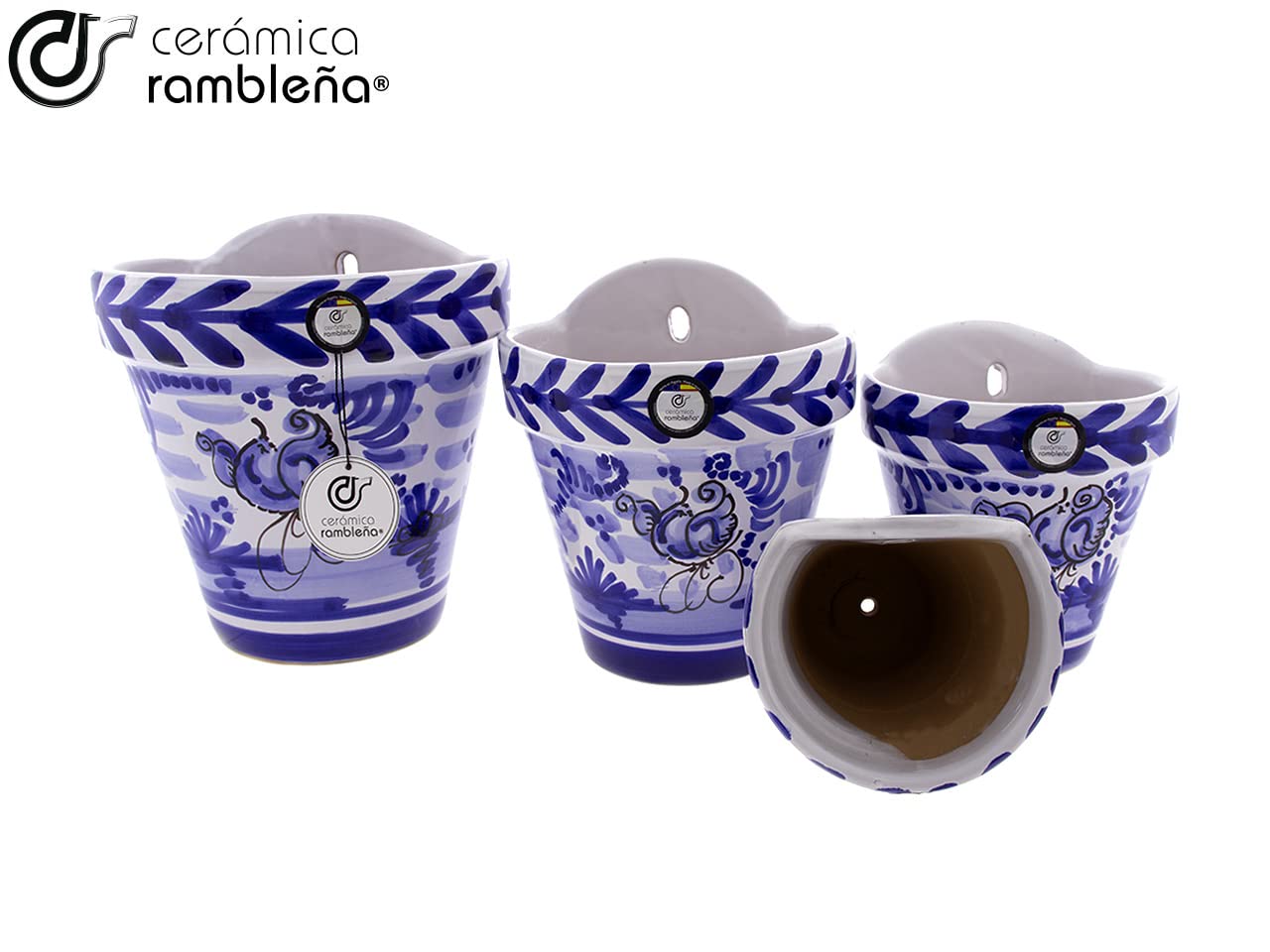 CERÁMICA RAMBLEÑA | Maceta Colgante Pileta | Maceta de Barro para Colgar | Conjunto x4 Maceta Pared Patios de Córdoba Montería Azul - Modelo D118 | 100% Decorada a Mano