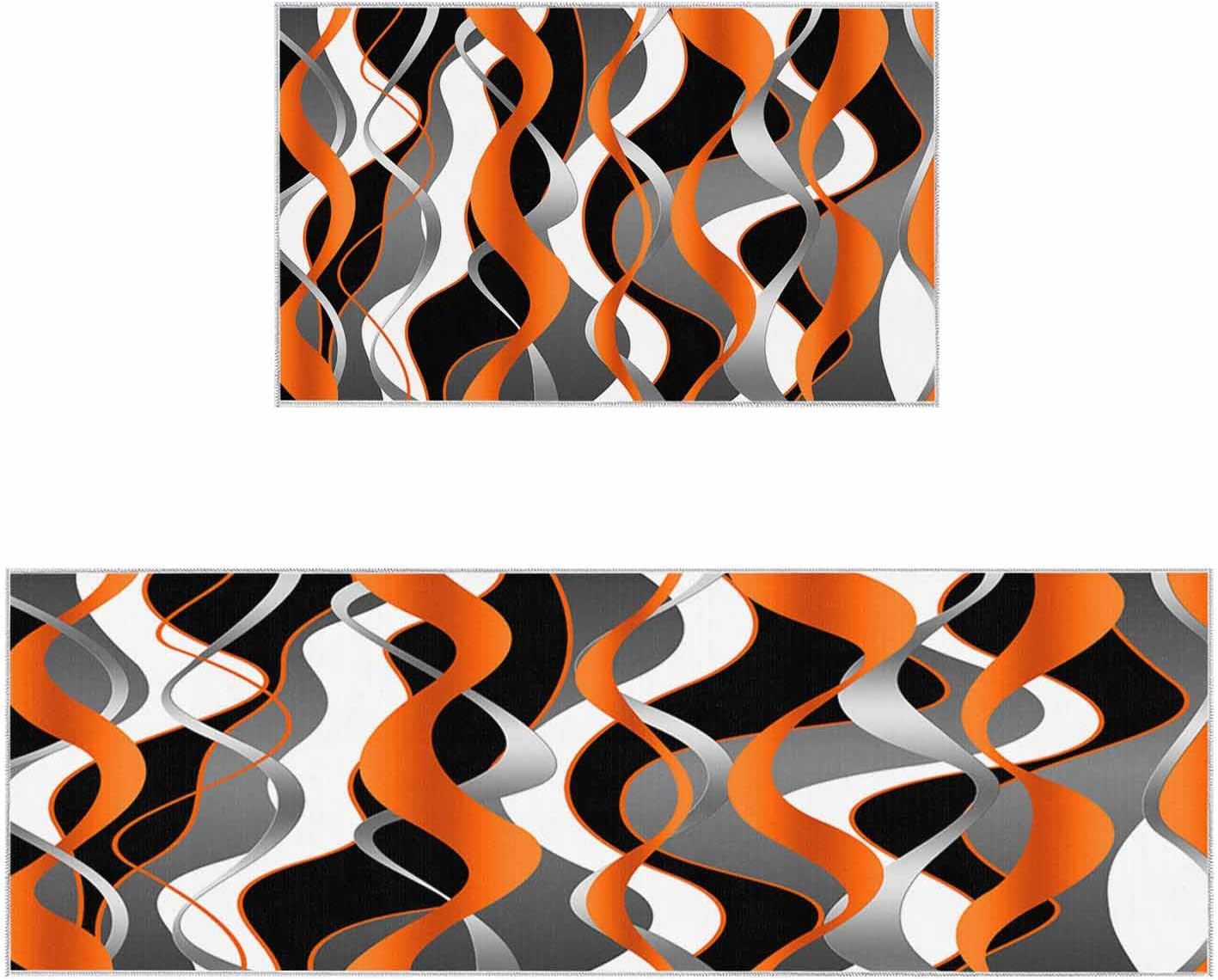 2 Pieces Kitchen Rugs and Mats,Abstract Geometric Twisted Lines Area Runner Rug Set Non Slip Floor Doormat Washable Carpet Standing Mat for Kitchen Sink Indoor Corridor,Orange Black Grey Stripe