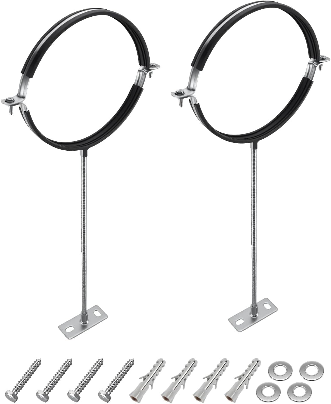 2 Pack 8 Inch Pipe Hanger Bracket with 16 Inch Extension Rod, Heavy Duty Galvanized Steel Split Ring Clamp for Vent Pipe Chimney Drain Pipe Installation