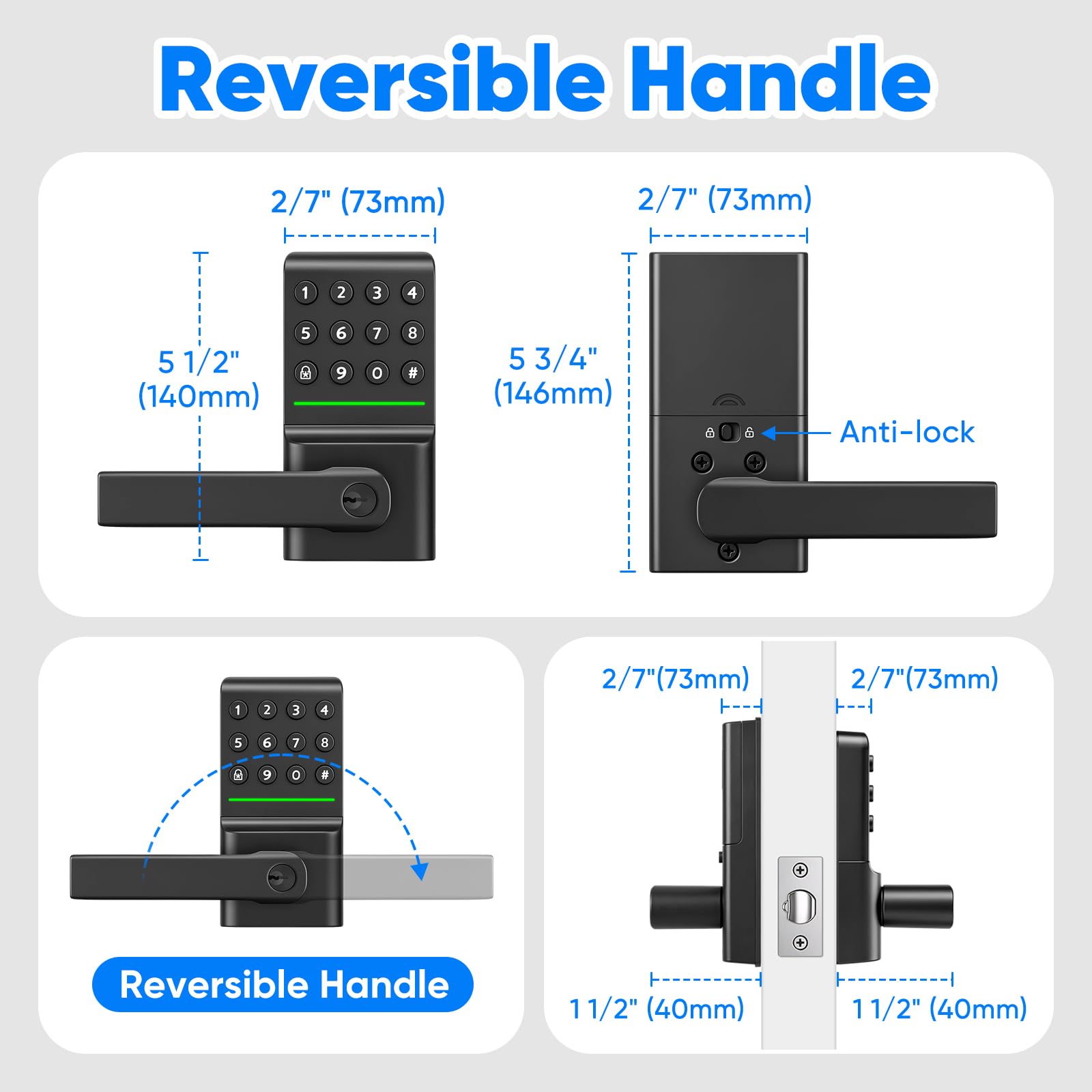 MYPIN Smartes Türschloss mit Griff, Schlüssellos, Elektronischer Riegel, Tastatur, Automatische Verriegelung, Einmalcode, USB-C-Notstrom, Aluminium, keine App erforderlich, einfache Selbstmontage