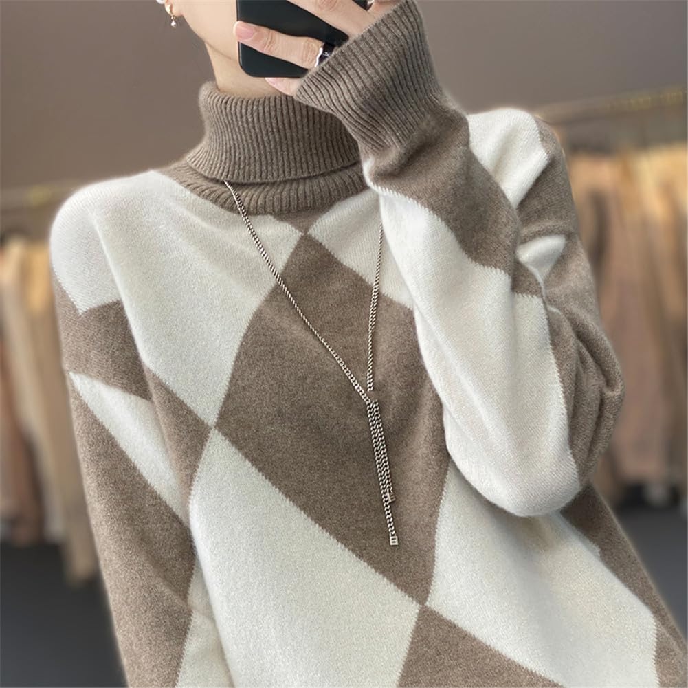 Youllyuu Maglione Dolcevita 100% Lana Maglione Pullover Lavorato a Maglia in Cashmere da Donna Maglione a rombo