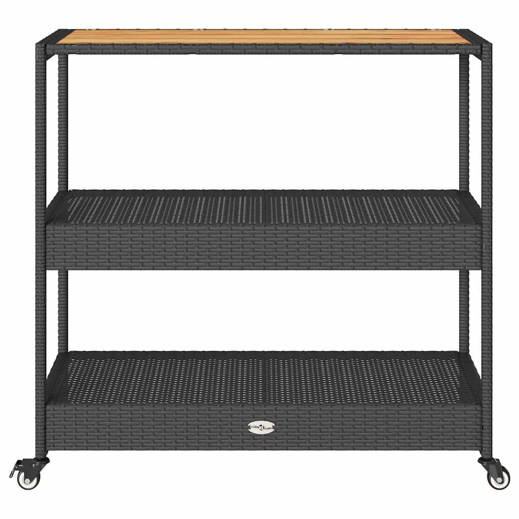 Carrello da portata con ruote e 3 ripiani in polyrattan e legno di acacia, come carrello da bar e carrello per bevande per interni ed esterni