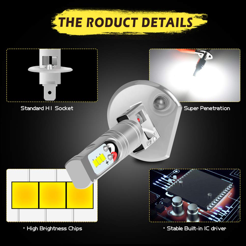 KATUR H1 Ampoule LED antibrouillard Max. 80W CSP Puces 1600 lumens 6500K Phare antibrouillard Blanc ou feu diurne DRL, Paquet de 2