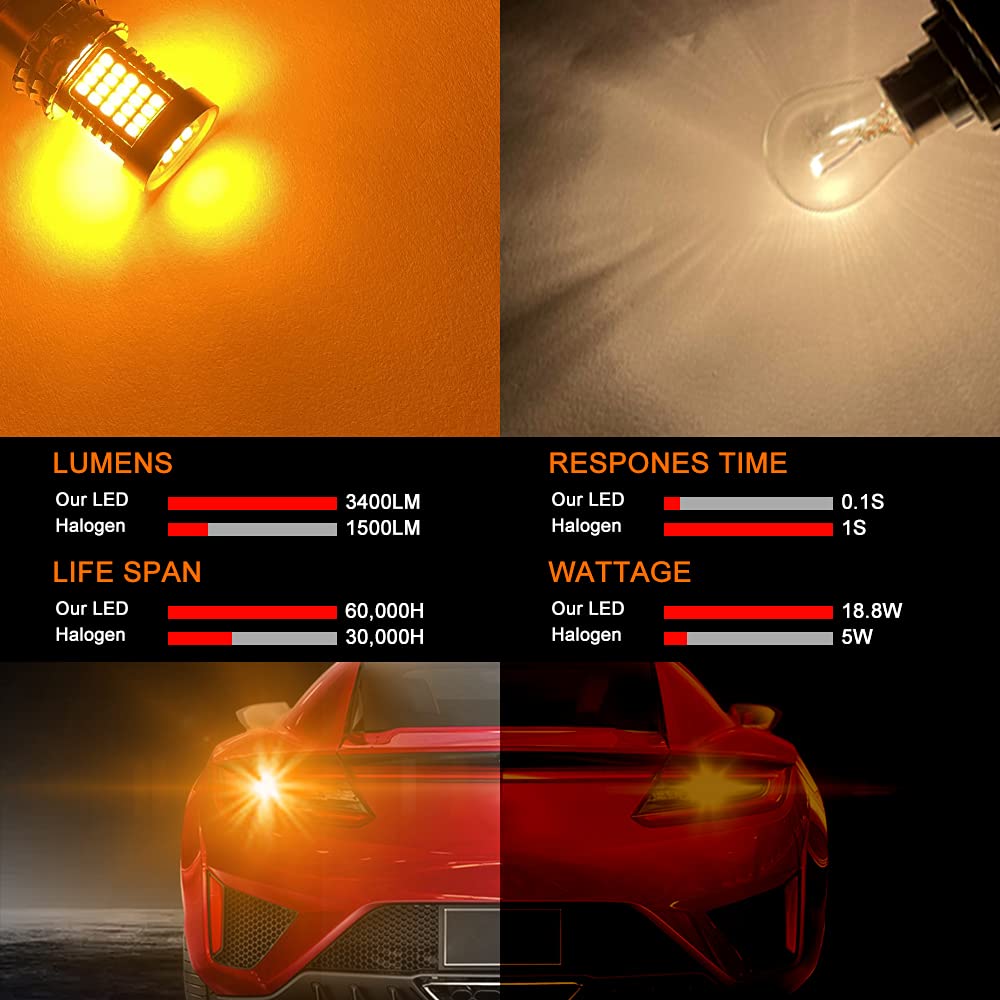 2Pcs T20 W21W Lampadine a LED, 7440 7440NA CanBus Senza Errori e senza sfarfallio Lampadina ambra per indicatori di direzione 12-24V 3400LM 2016 89SMD Super luminoso e impermeabile