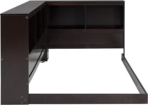 Miniatura 5 de Sofá cama con cabecera de estantería, marco de cama esquinero de tamaño individual con estación de carga, cama de plataforma de madera con