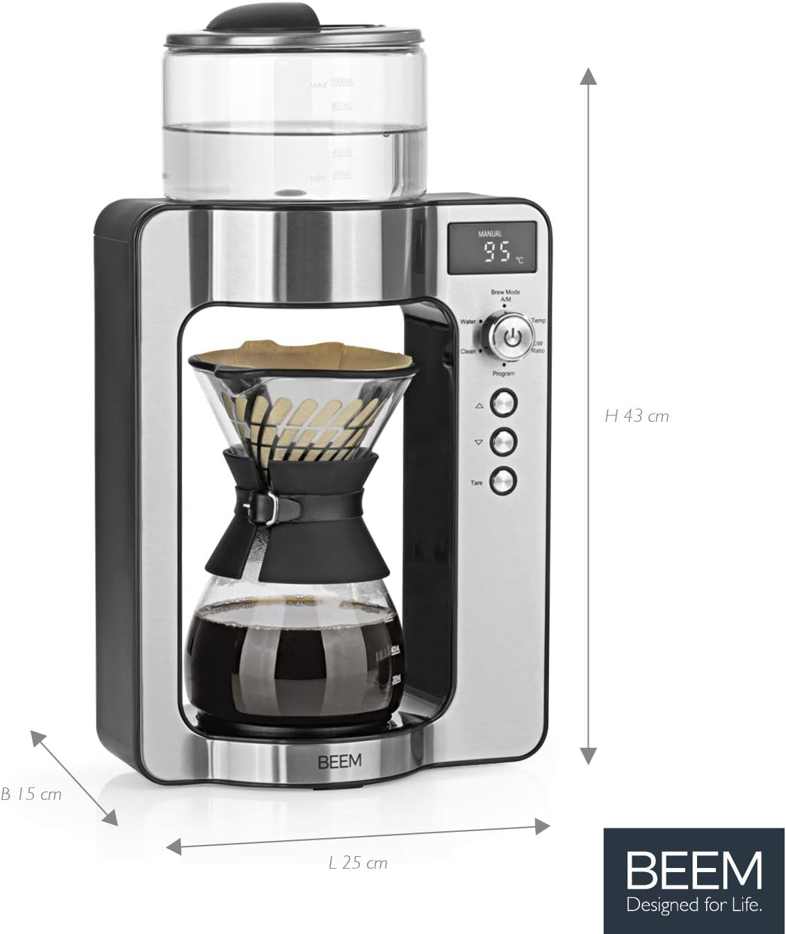 Beem 03597 - Caffettiera Pour Over con filtro in vetro e bilancia Basic Selection, in acciaio INOX, con caraffa in vetro da 0,75 l, sistema di erogazione diretta, testina rotante