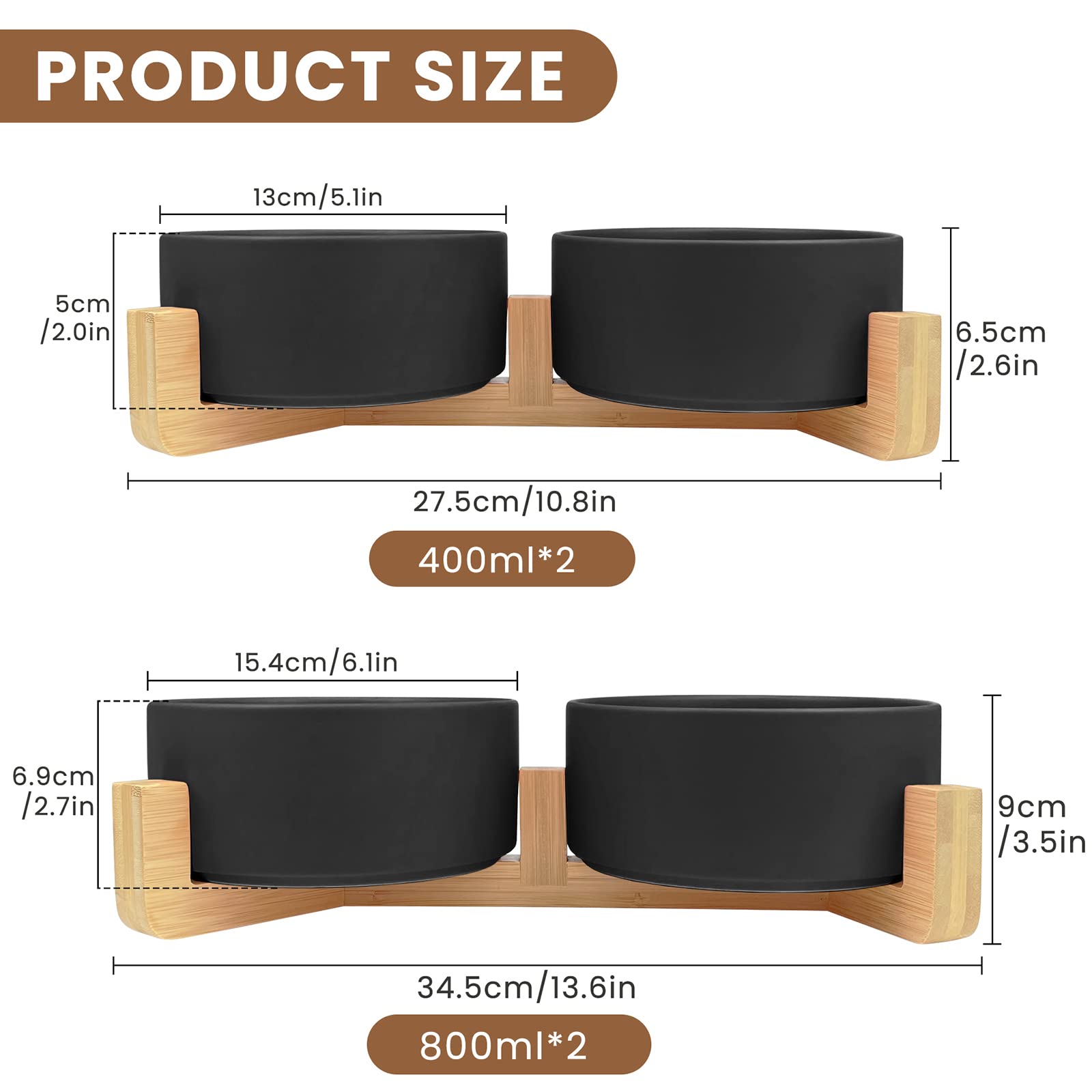 KPWACD Ceramic Pet Bowls for Dog and Cat, Raised Dog Food and Water Bowl Set with Anti-Slip Wooden Stand, No Spill Pets Dish Feeding Bowls Suitable for Small, Medium and Big Cats Dogs, White 14 OZ