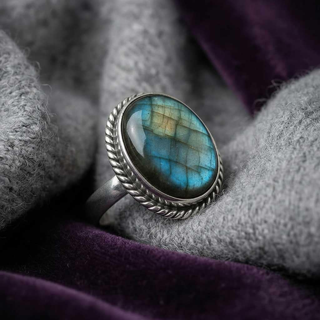 JEWELOPORIUM Chunky Natural Gemstone Ring For Women Amber, Labradorite, Turquoise, Rose Quartz Oval Boho 925 Sterling Silver Plated Handmade Jewelry