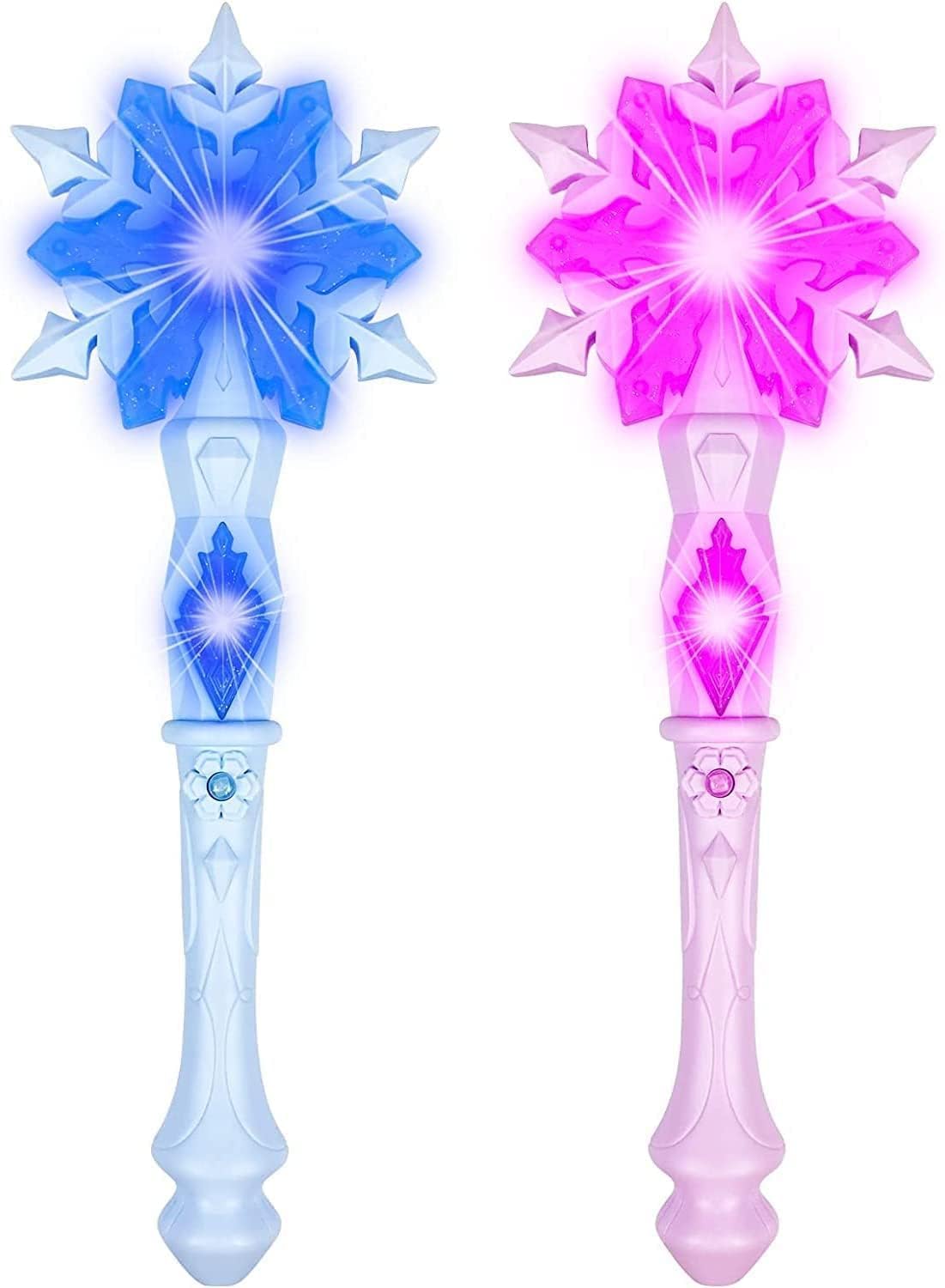 2 Pcs Star Fairy Wands, Light Up Frozen Snowflake Wand With Sound, Motion Sensitive, Fascinating Light, for Princess Birthday Party Costume Accessories