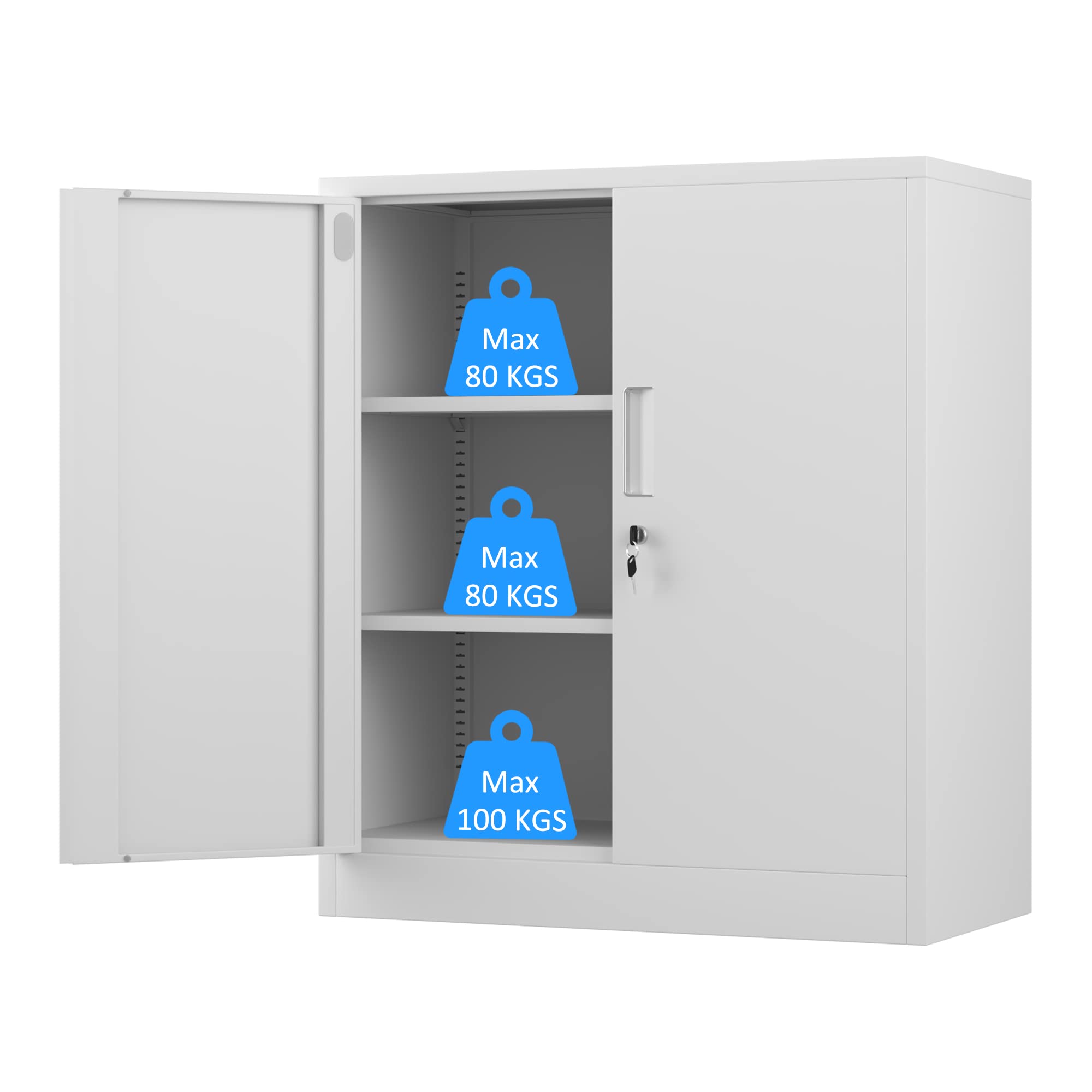 Aktenschrank Büroschrank Lagerschrank Metallschrank Stahlschrank, Aufbewahrungsschrank aus Metall mit verschließbaren Türen und 2 verstellbaren Regalen 92x80x40cm (Weiß)