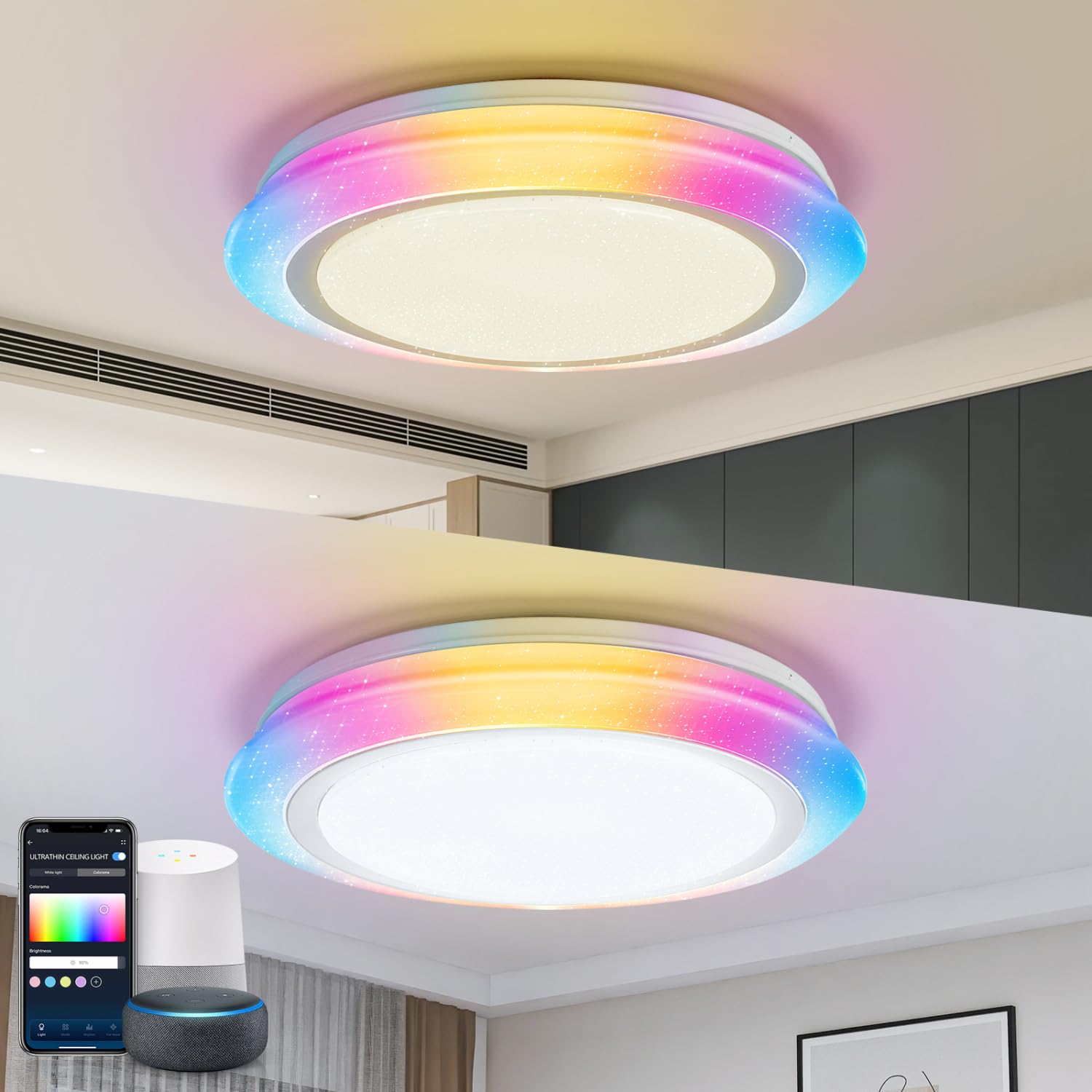 Aigostar Plafon LED Techo Alexa, 39W, 4140LM, 3000K-6500K, IP44, Plafón LED Inteligente Compatible con Alexa y Google Home, Lampara Techo Regulable para Salón/Dormitorio/Cocina/Comedor, Φ50CM, 2Uds