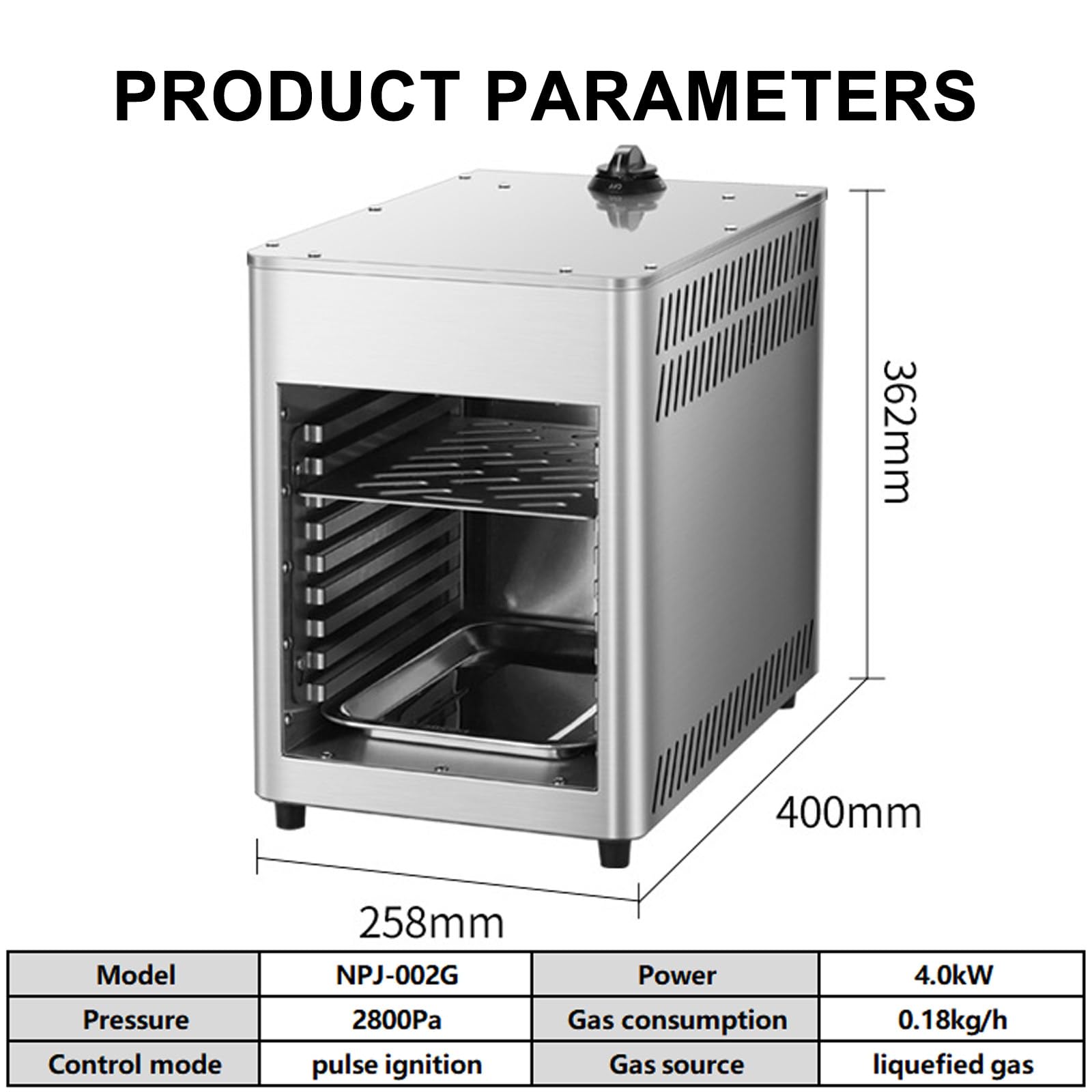 Horno de Gas Comercial para Interiores, asador de Acero Inoxidable de Temperatura Constante de 800 °C, Temperatura Ajustable para Carne, Pollo, Pizza y Verduras, NPJ002G