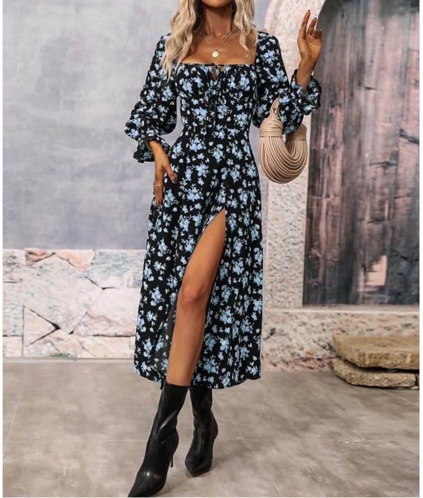 Women’s Floral Square Neck Maxi Dress Bubble Long Sleeve Side Slit Flowy Boho Dresses - Image 7