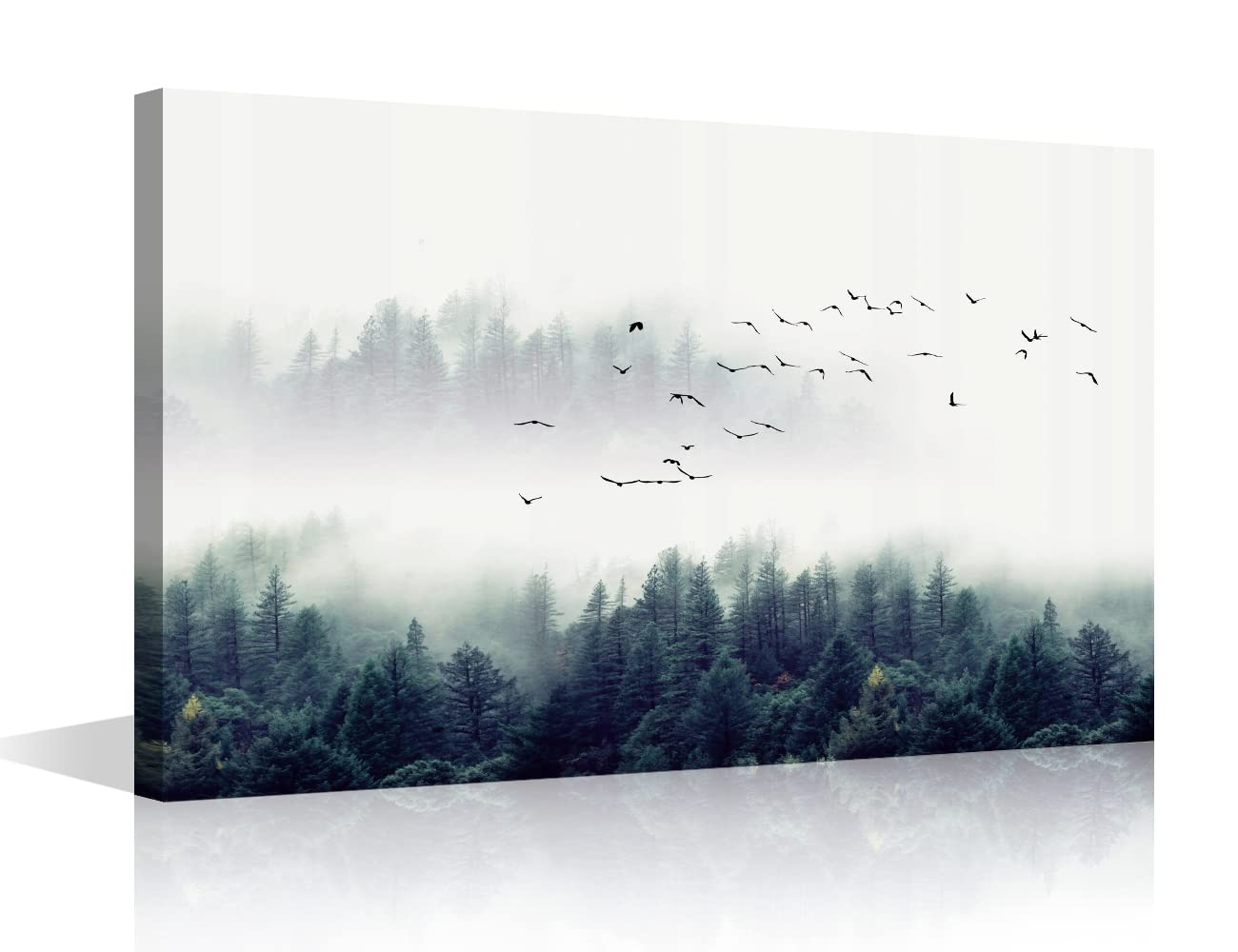 Canvas Wall Art Misty Forests of Evergreen Coniferous Trees Landscape and Bird Flock for Living Room Home Decor Stretched and Framed Ready to Hang 24x36inch (60x90cm) โ image 1