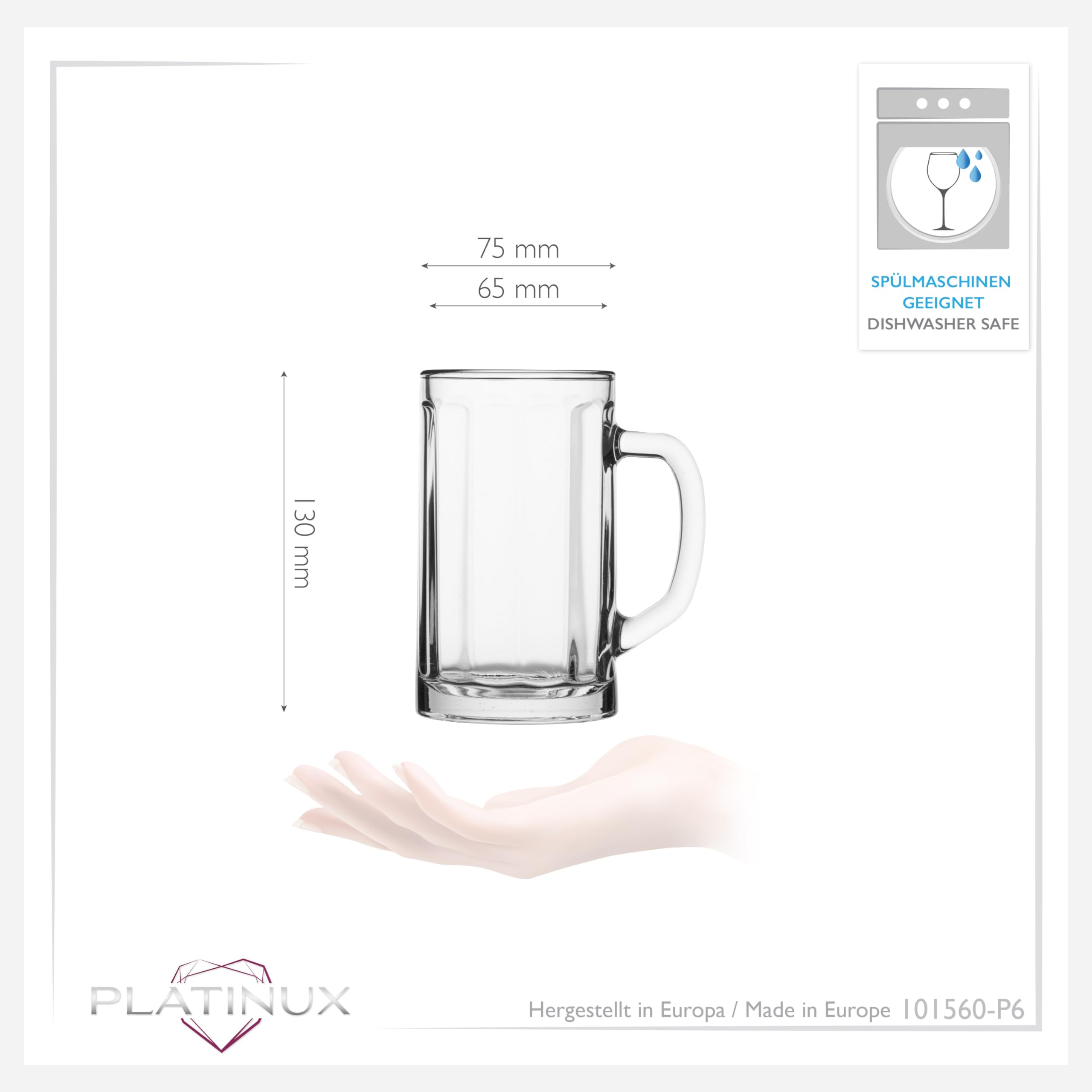 PLATINUX Juego de 6 jarras de cerveza con asa de cristal, 300 ml (máx. 350 ml)