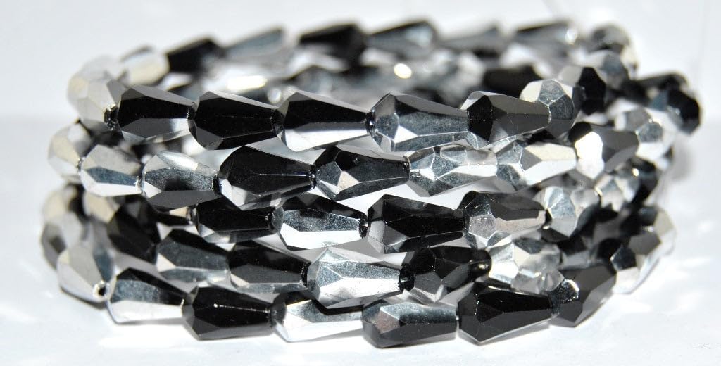 100 pcs Czech Glass Faceted Fire Polished Beads Pear, Black Crystal Silver Half Coating (23980 27001), 12 x 8 mm, Glass, Czech Republic