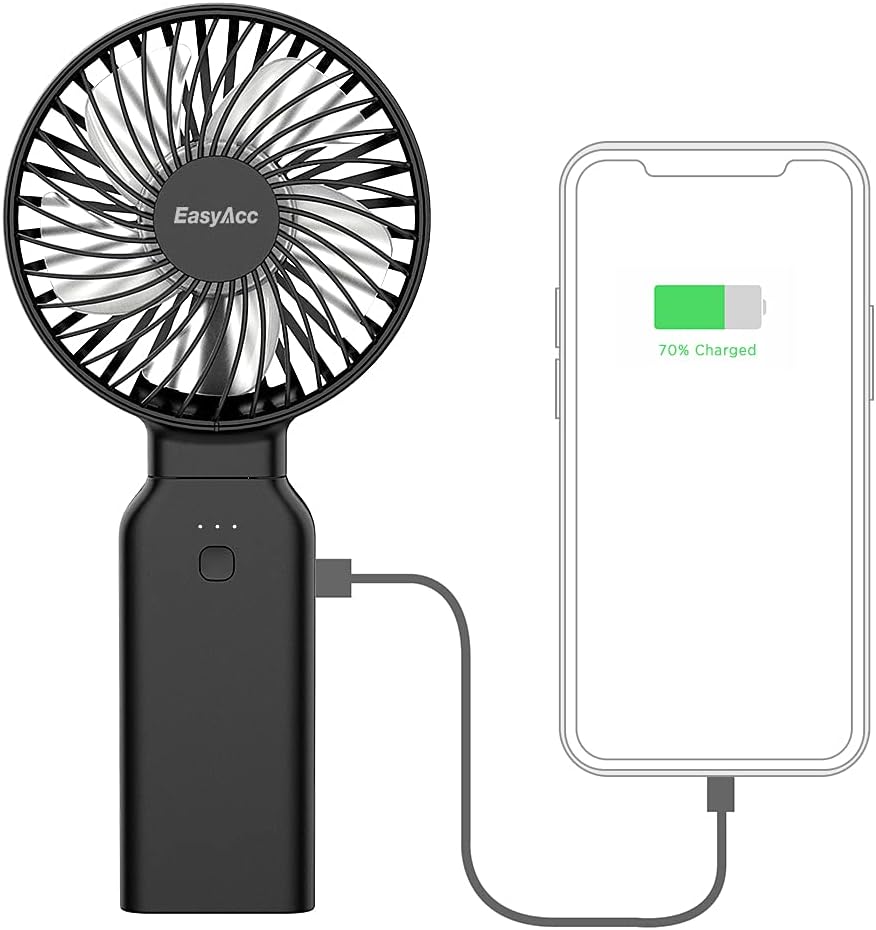 EasyAcc Portable Fan, 9,000 mAh, Mobile Battery Function, Handheld Fan, Large Capacity, Up to 53 Hours of Operation, PSE Certified, 4 Levels of Air Flow Adjustment, Handy Fan, USB Rechargeable Fan,