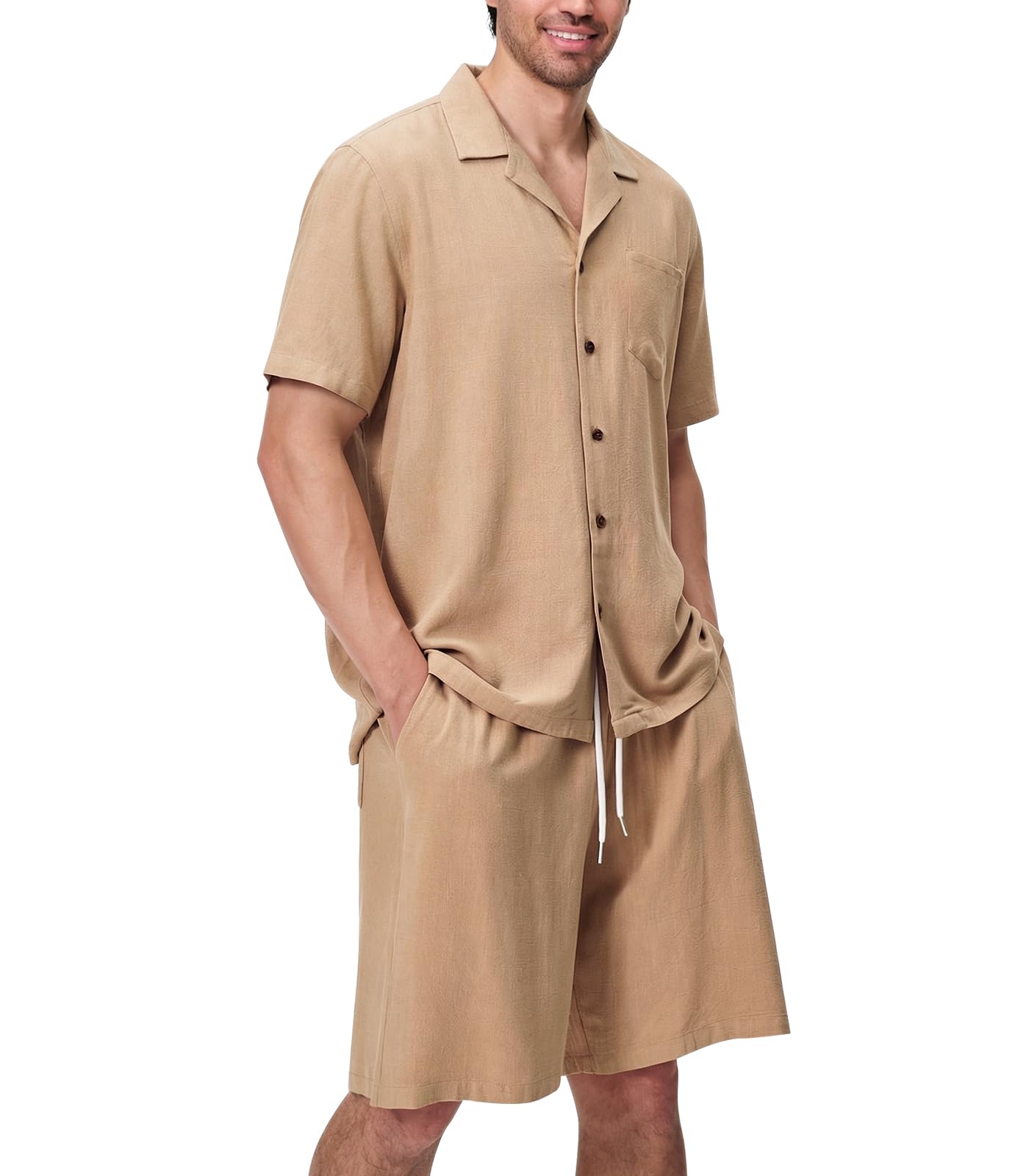 Conjunto Camisa y Pantalones cortos para Hombre Lino Casual Playa Verano 2 Piezas