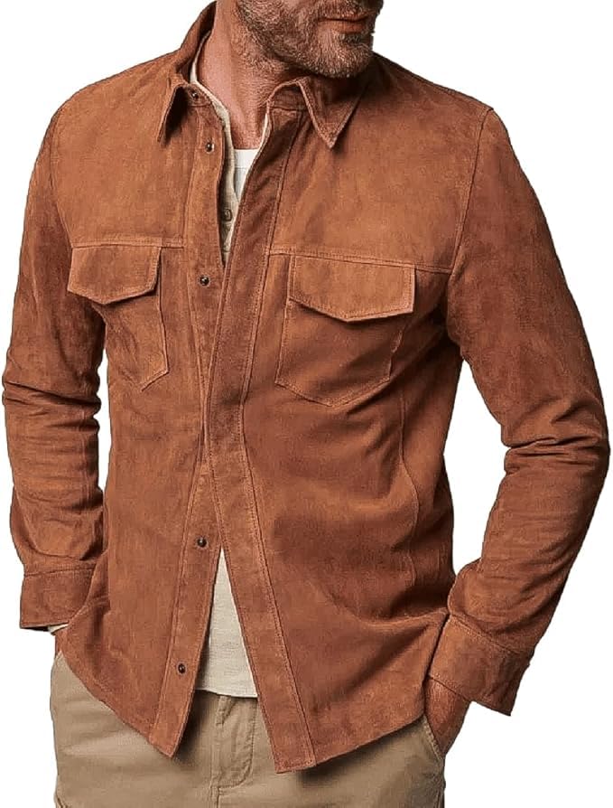 Men’s Trucker Casual Western Fashion Cowboy Turn-Down Collar Shirt Style Suede Leather Jacket4
