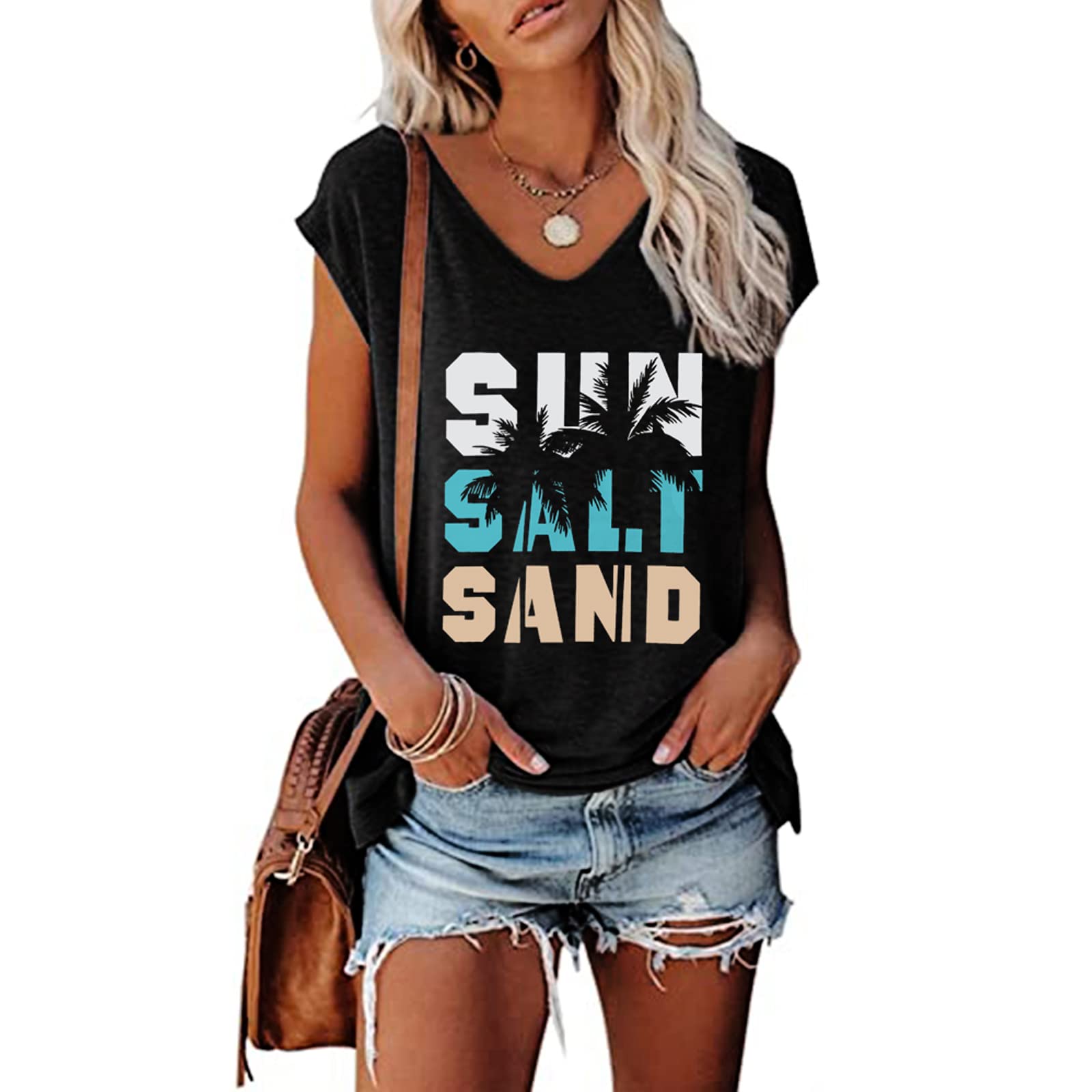 MAGICMKWomen's Cap Sleeve Tank Tops V Neck Solid Print Casual Short Sleeve Loose Basic Shirt Sand