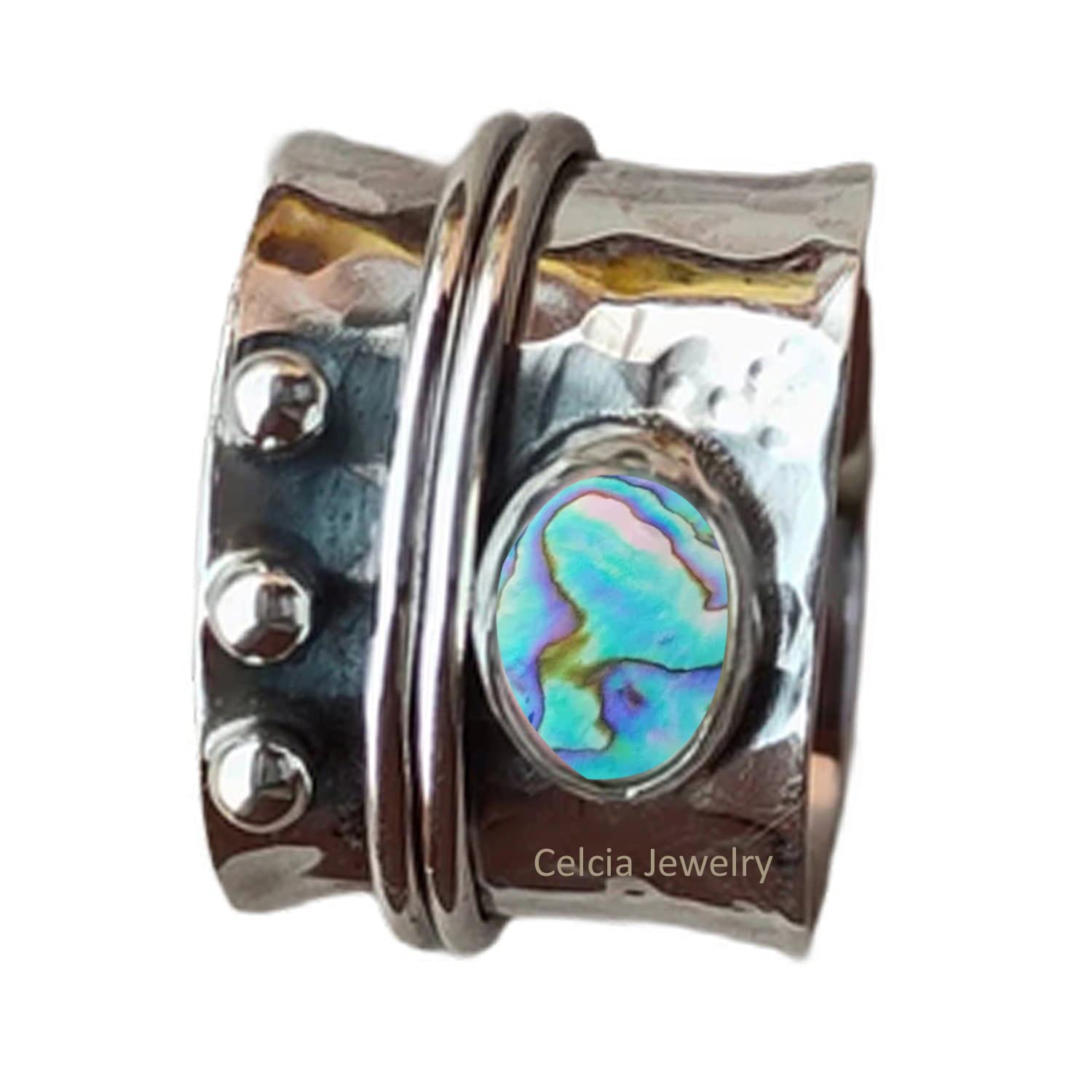 Anillo giratorio de meditación de concha de abulón de plata de ley 925 para mujeres y hombres (talla 7 de EE. UU.)