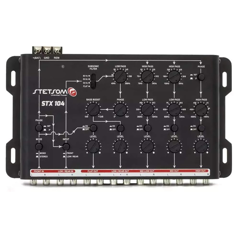 Kit Set para Stetson STX104 1 Crossover electrónico de 5 vías, Ecualizador, 4 entradas, 5 Salidas, con Refuerzo de Graves y Filtro subsónico, para Coche, 1 Pieza