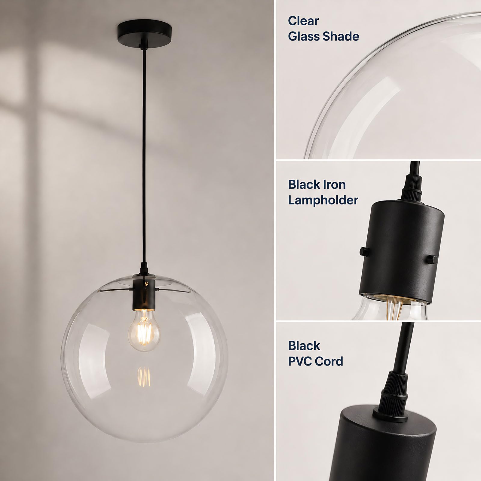 Lampada a Sospensione da Soffitto in Vetro Moderna E27 Globo Trasparente Finitura Dorata Lampadario Regolabile 150cm per Isola Cucina Sala da Pranzo Camera Caffè Corridoio (Nero, 20cm)