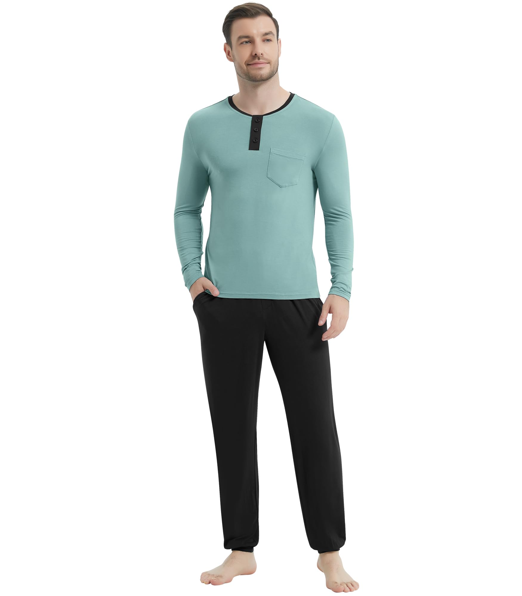 NACHILA Mens Pajamas Set Viscose Made from Bamboo Henley Top Sleep Pants