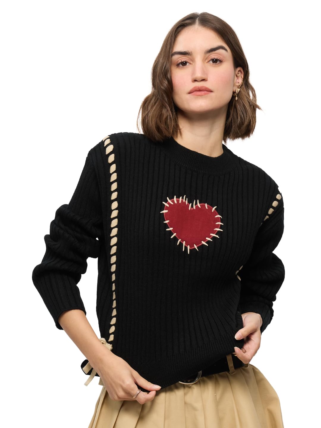 the souled store Knitted Sweater: Heartbreaker Women and Girls Long Sleeves Round Neck Black Embroidered Acrylic Oversized Sweaters-picture-45