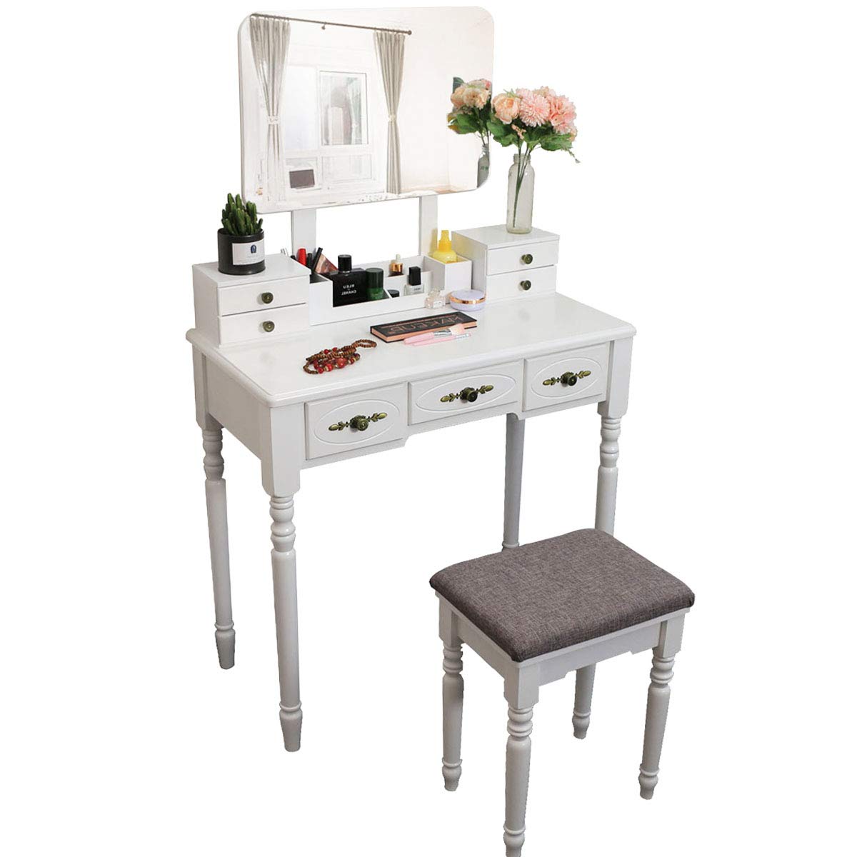 BTM White Retro Dressing Table with Stool and Movable Mirror, 7 Drawers Makeup Table with Removable Organiser for Bedroom, Dressing Room (White)