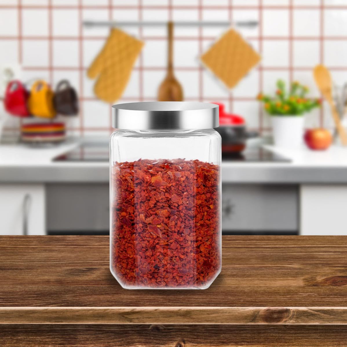 Tofficu 1pezzi Barattolo in Vetro con Coperchio in Acciaio per Cucina Contenitore Cibo Trasparente Conservazione Atenuta per Alimenti e Spezie