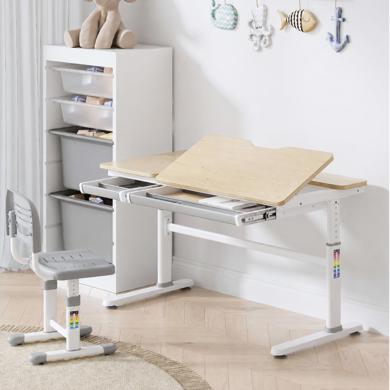 HOKO Kinderschreibtisch, Höhenverstellbar Kinderschreibtische 120x60 cm, Schreibtisch Kinder ab 6 Jahren, neigbare Tischplatte mit Schubladen, 100kg Belastbarkeit, Verstellbar von 54-76cm (Holz,CELIN)