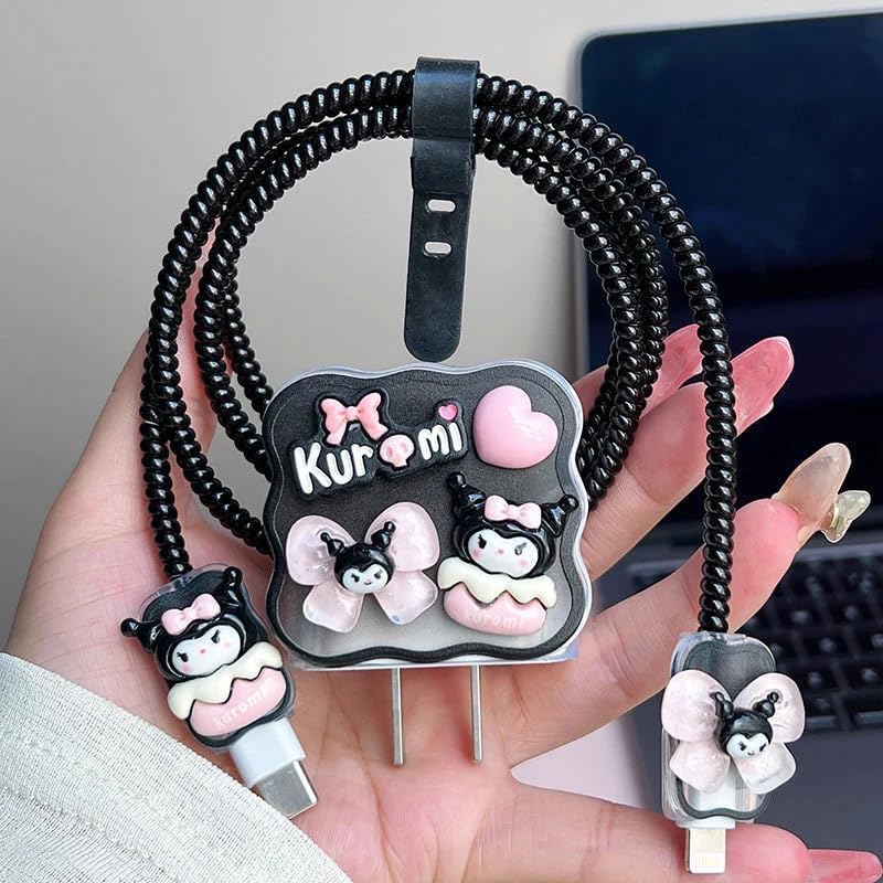 Image of Dezet for iPhone Charger 18-20W Cute Cartoon Charging Cable Protector Set for iPhone Fast Charging USB Cable with Protective Silicone Cover & Organizer Clip Stylish Design (KOROMI NEW 2nd)