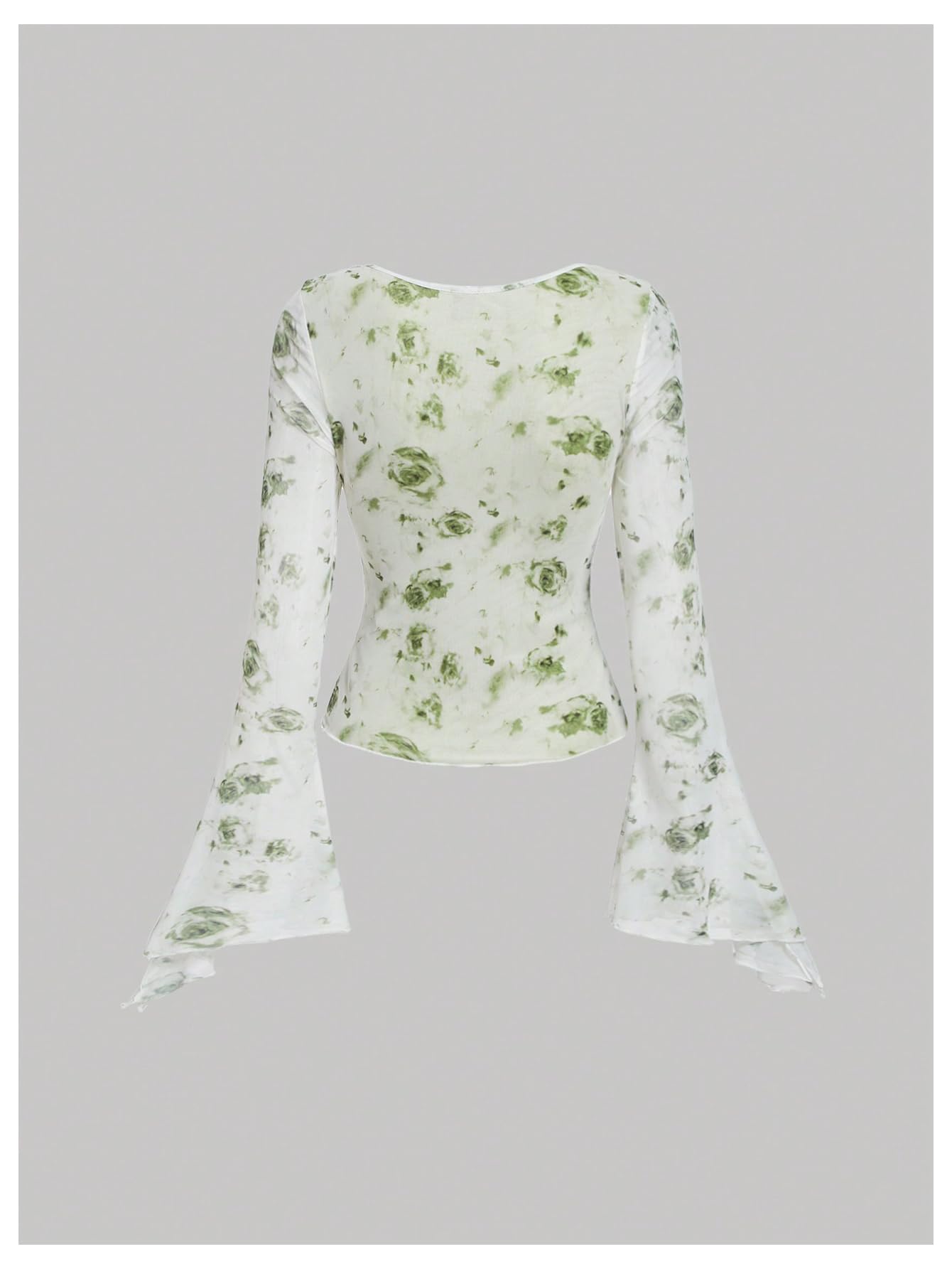 Verdusa Women's Y2K Tie Front Tops Bell Sleeve Floral Print Mesh Tops Long Sleeve Shirts 2000s Clothing