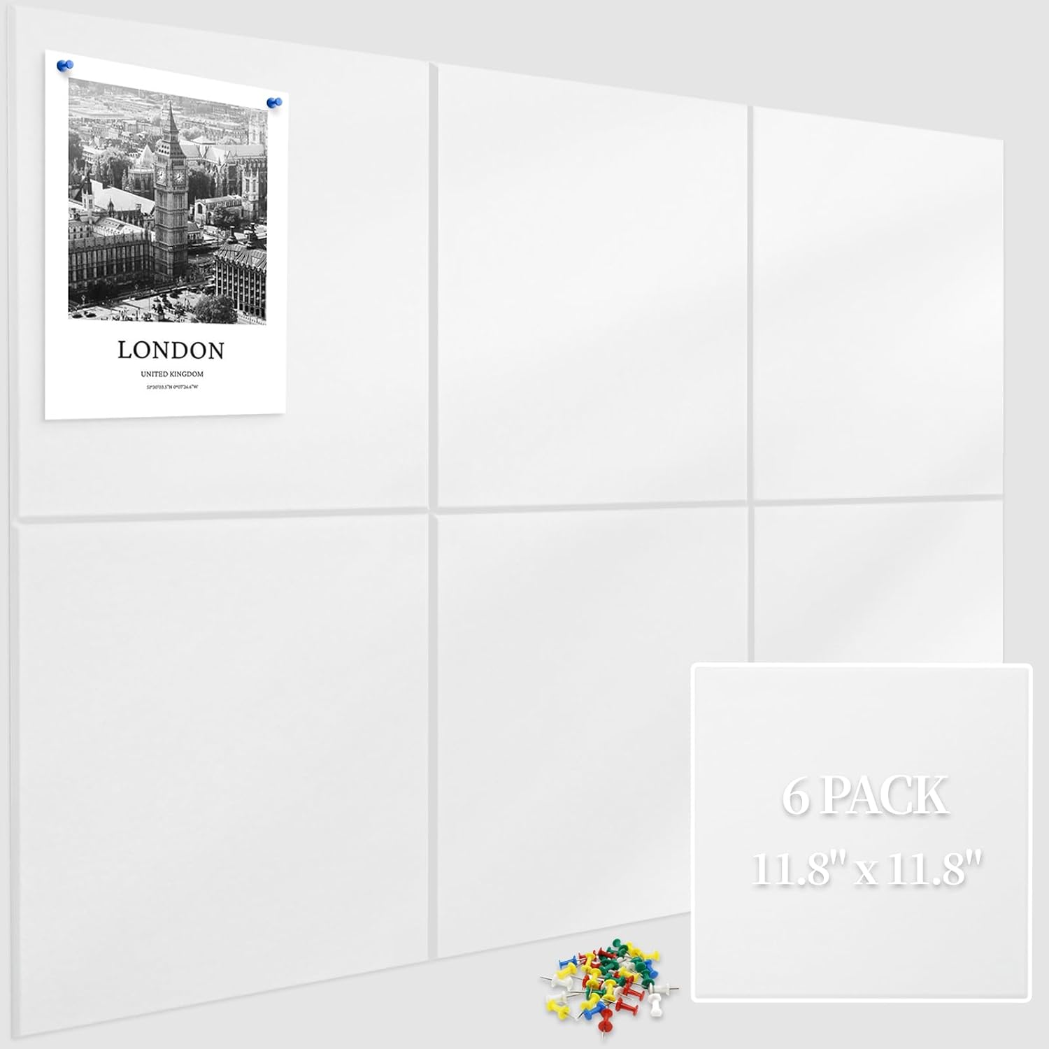 Large Cork Board for Wall 6 Pack, Bulletin Board 36" X 24", Felt Board Wall Tiles with 72 Damage-Free Removable Pads & Push Pins, Alternative Pin Board Cork Board for Office Home, White White 6PCS Square